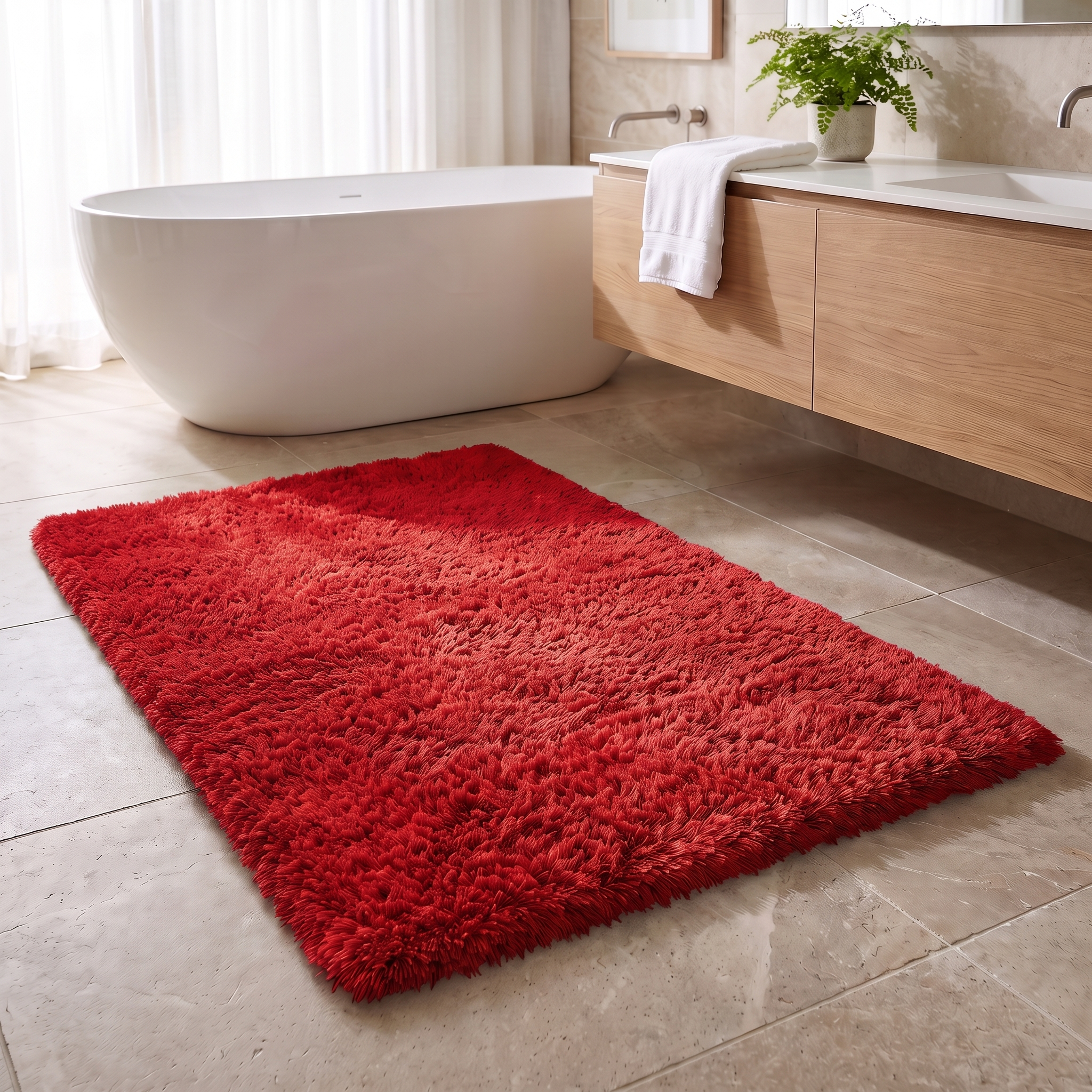 Soffice Lusso plush shag bath rug in Red in a bright bathroom