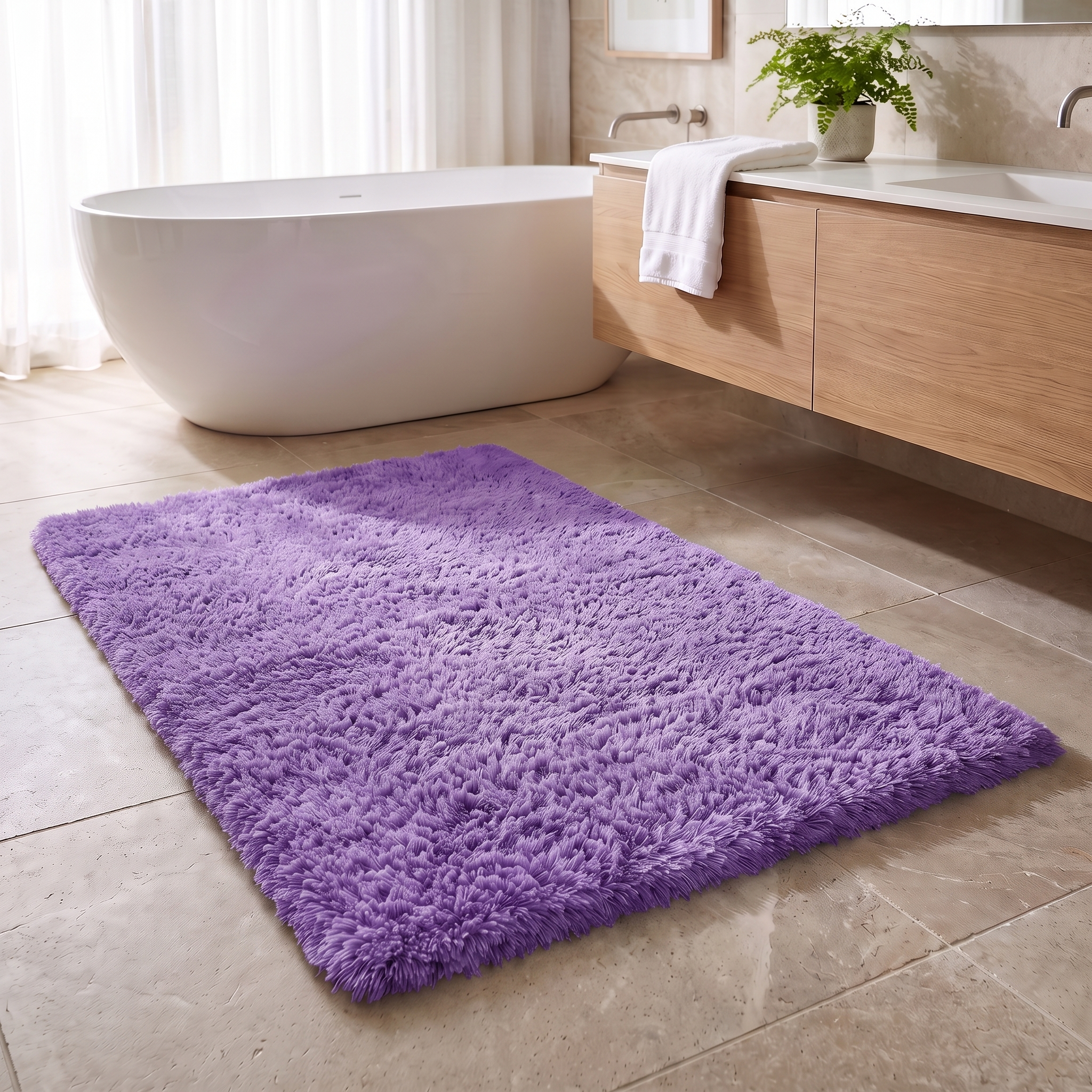 Soffice Lusso plush shag bath rug in Purple in a bright bathroom