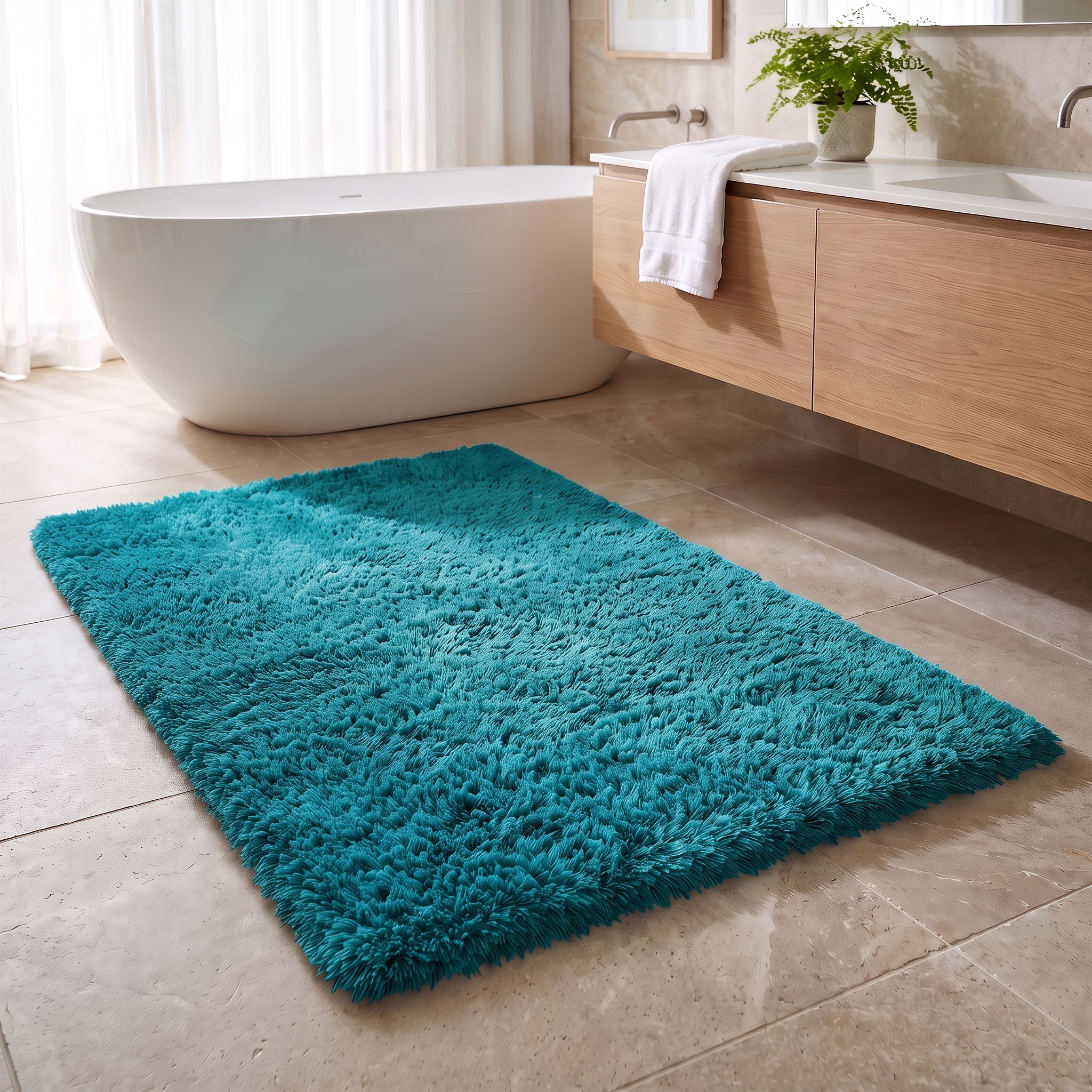 Soffice Lusso plush shag bath rug in Teal in a bright bathroom