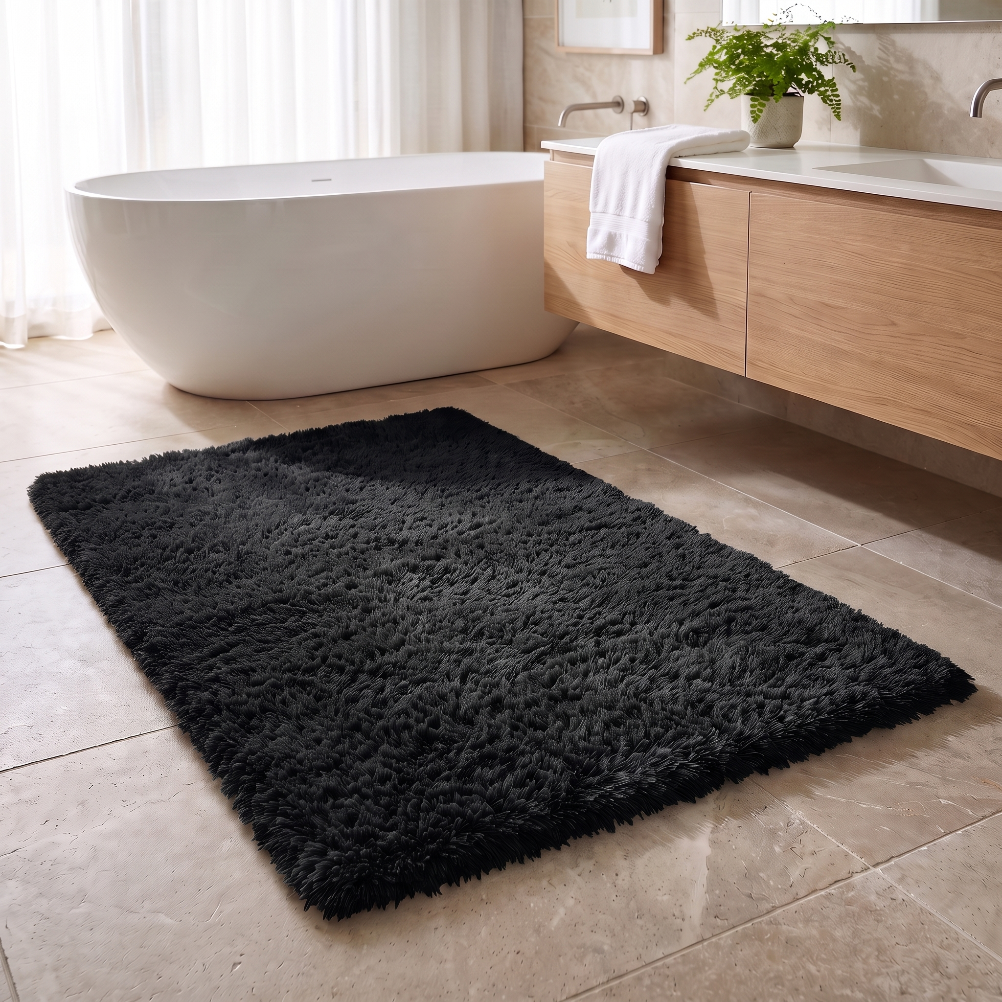 Soffice Lusso plush shag bath rug in Black in a bright bathroom