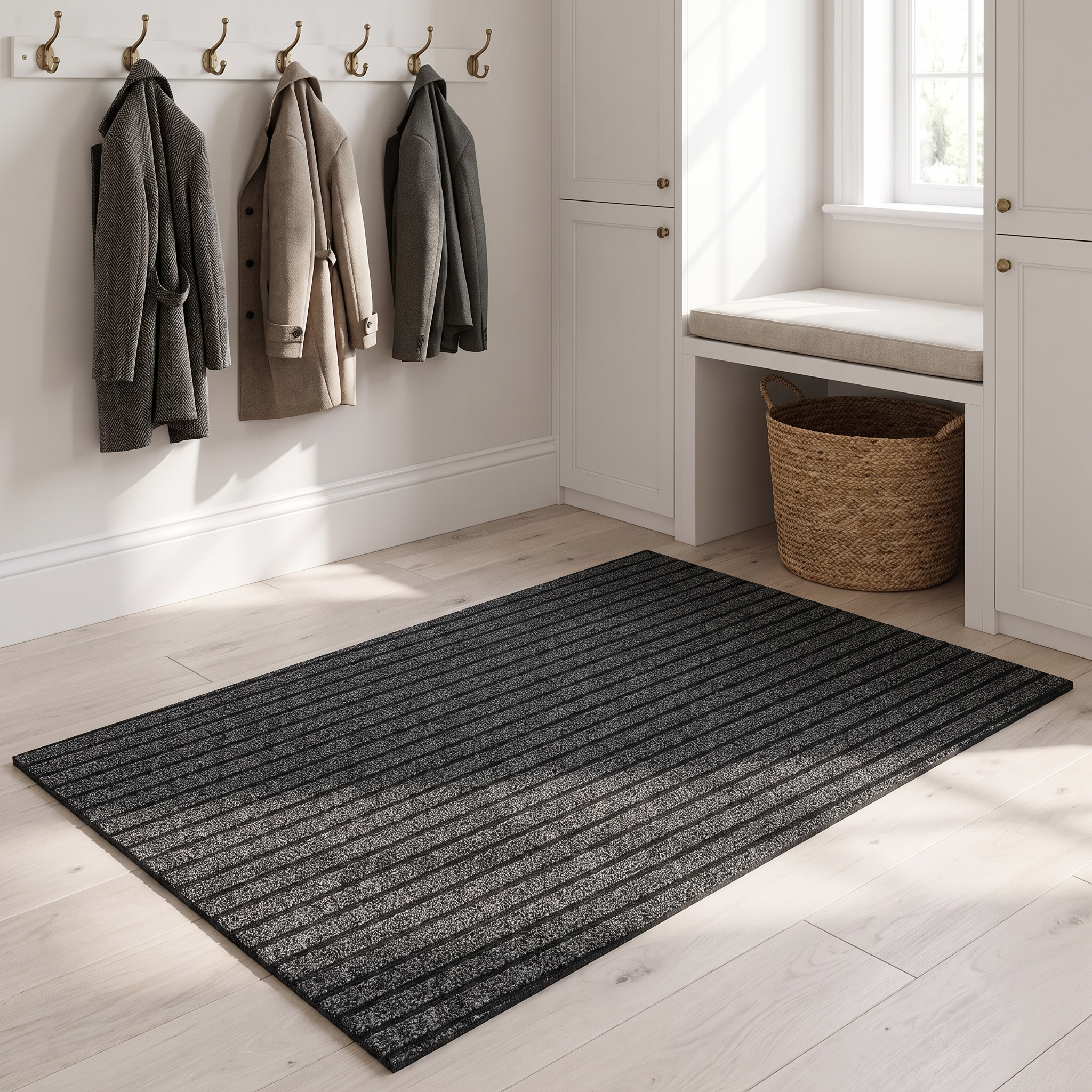 Charcoal gray ribbed doormat in a mudroom entry