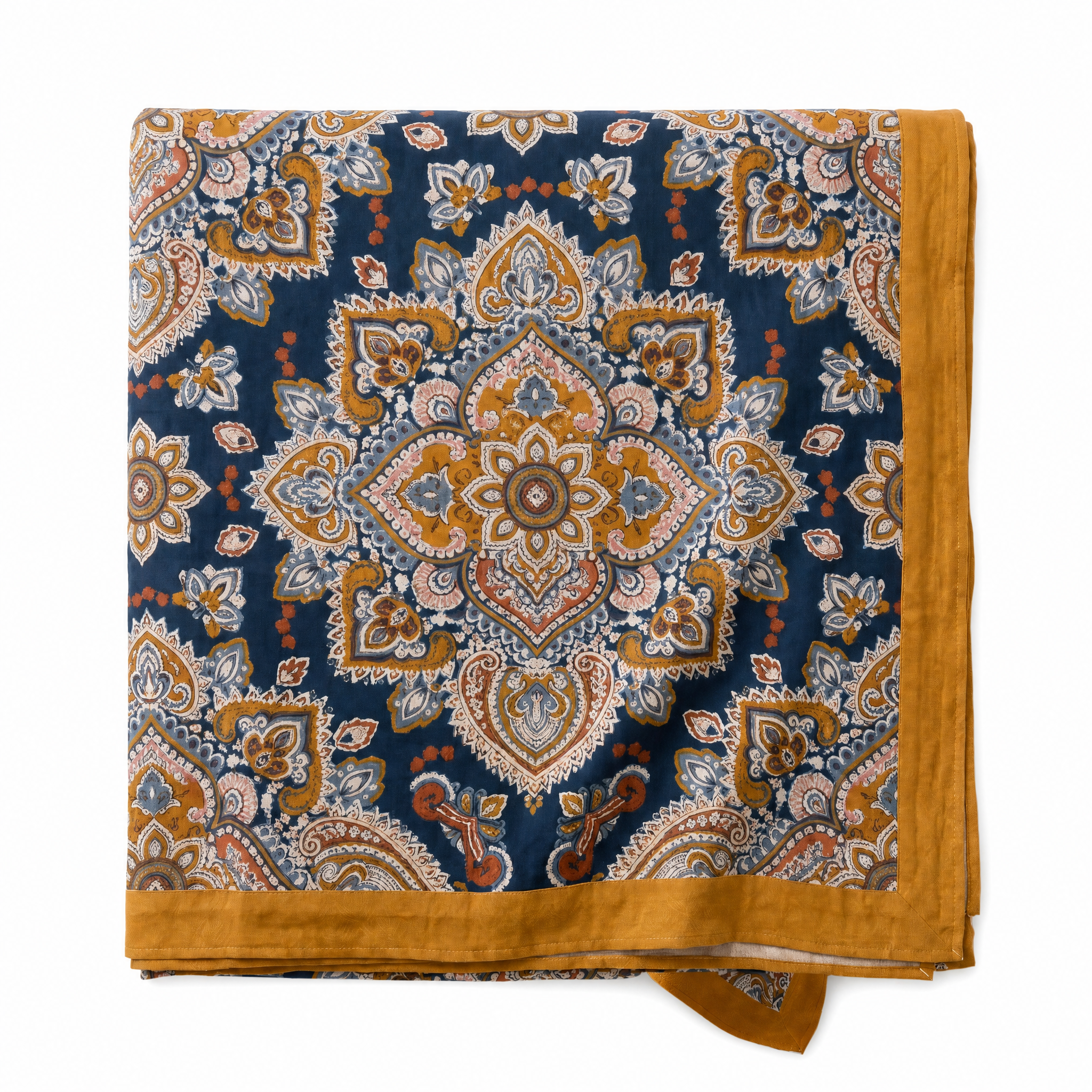 Notte Blu navy boho Suzani medallion cotton throw blanket on white