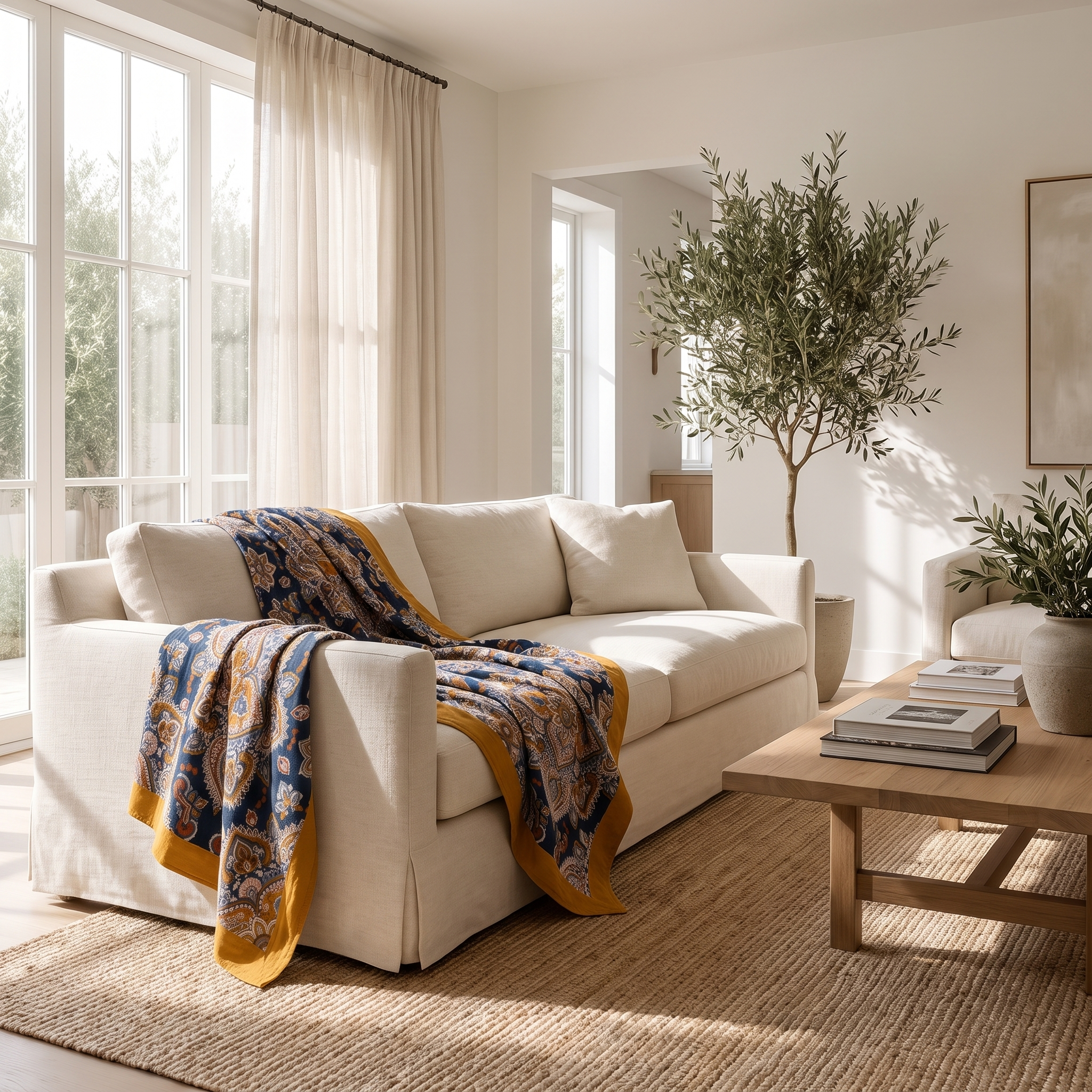 Navy boho medallion cotton throw draped over a linen sofa in a bright living room