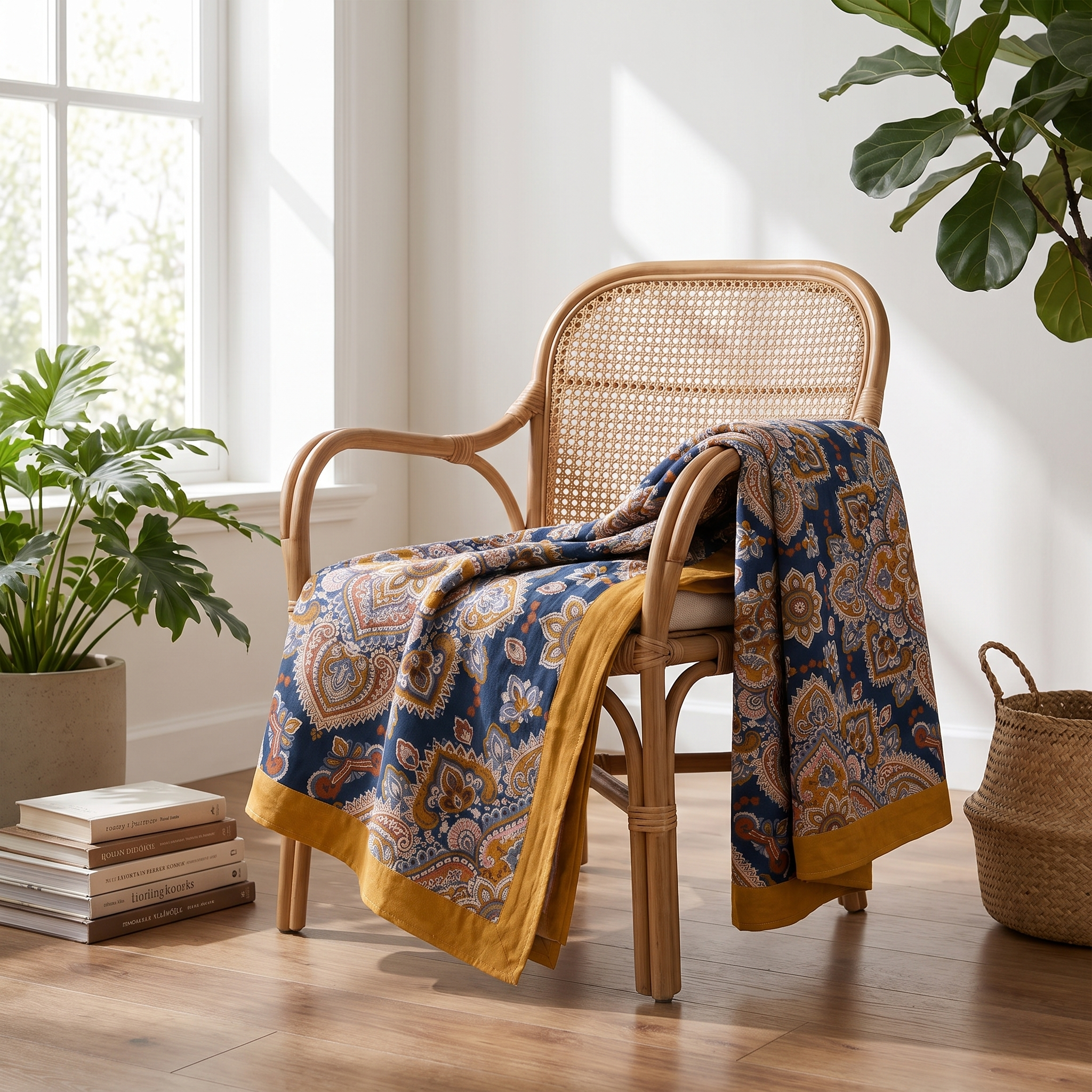 Navy boho cotton throw draped over a rattan reading chair by a window