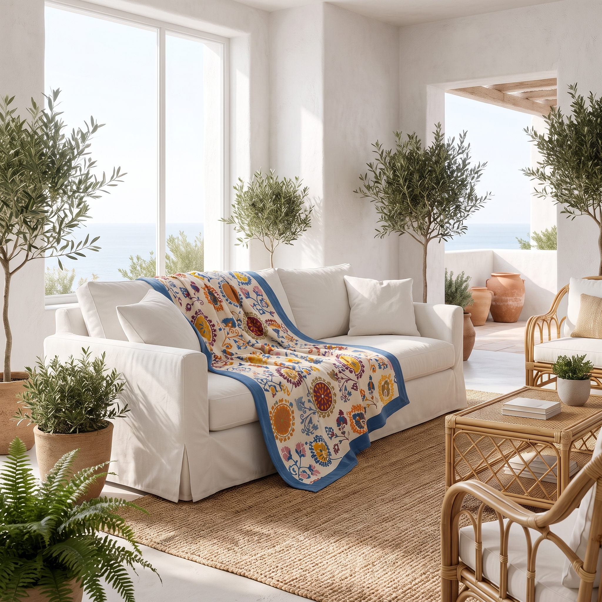 Cream boho Suzani cotton throw draped over a sofa in a bright coastal living room