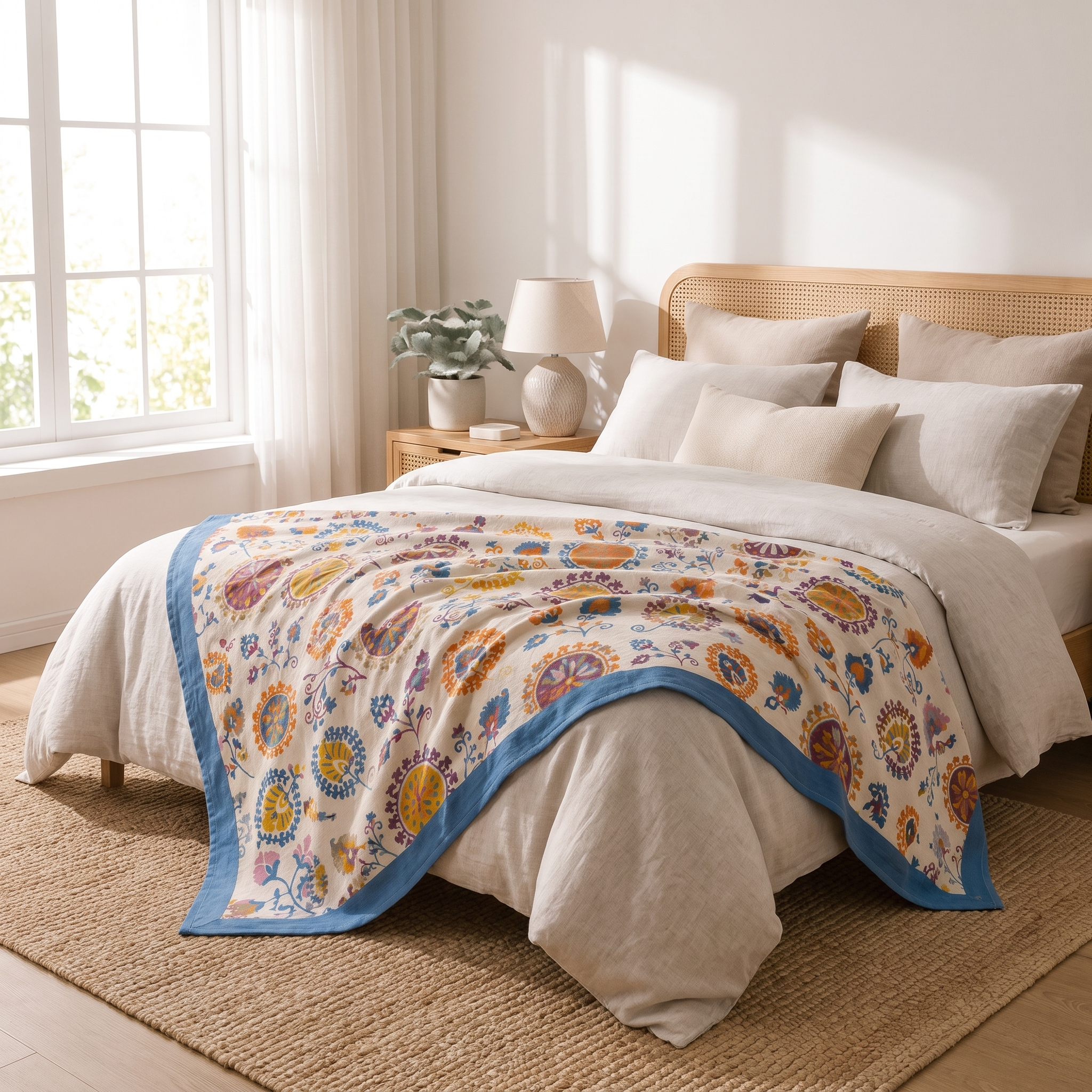 Cream floral cotton throw draped across a bed with a rattan headboard
