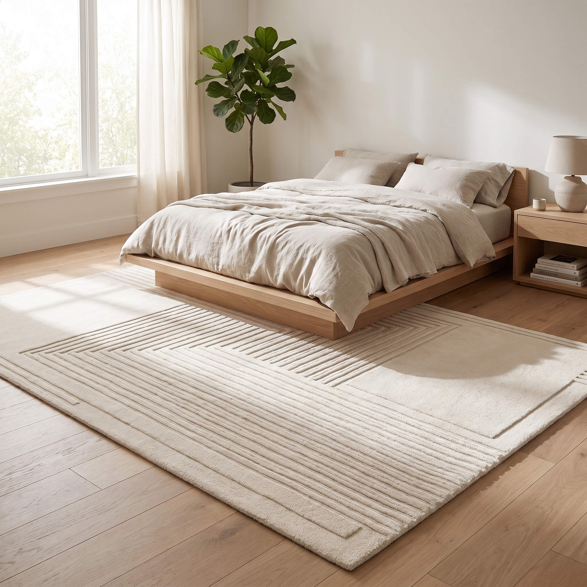 Percorso cream plush rug in a serene Japandi bedroom