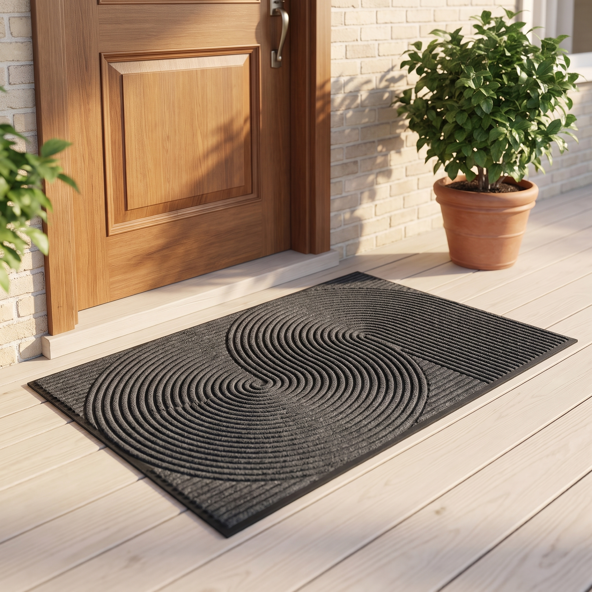 Dark gray 3D groove doormat on a covered front porch