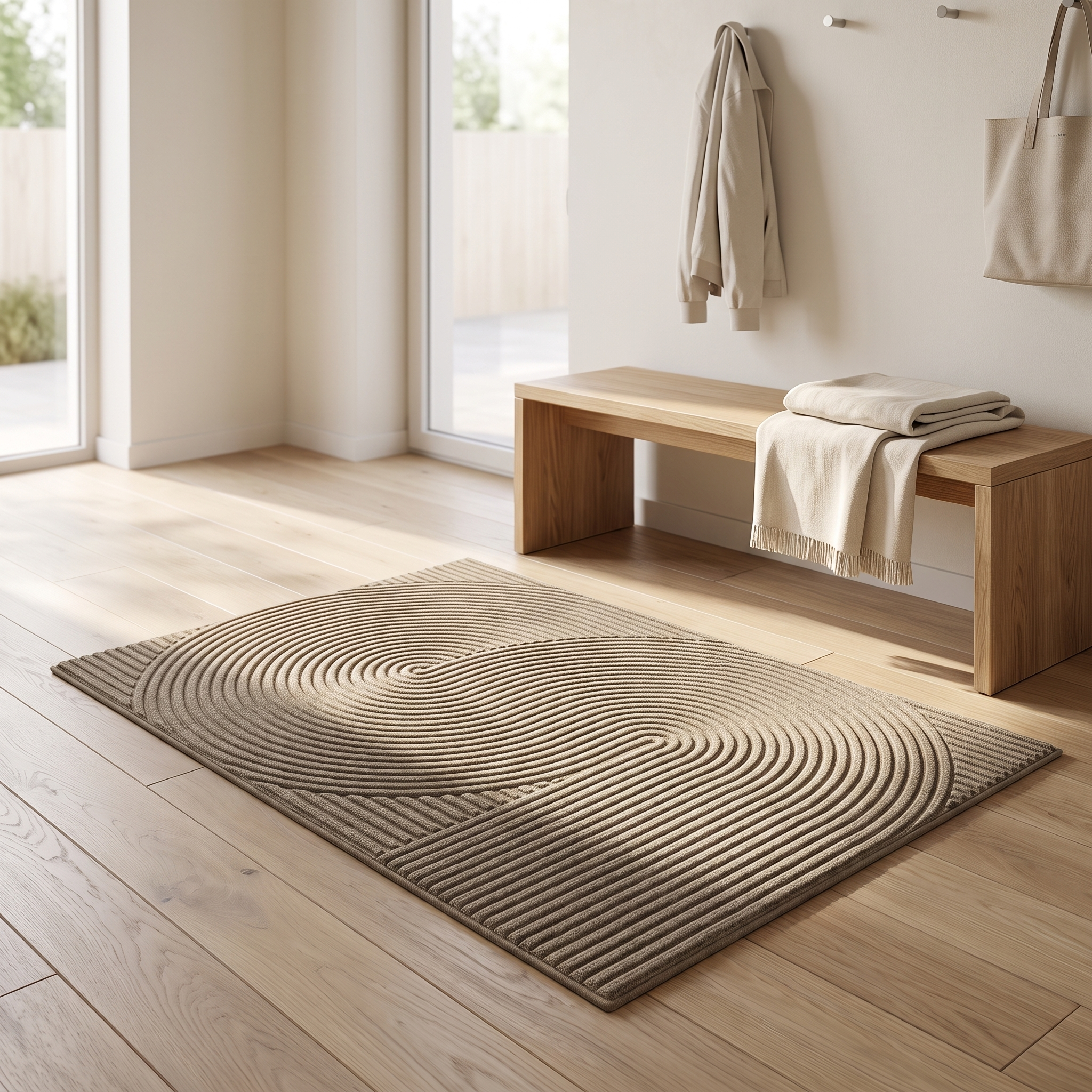 Khaki 3D groove doormat in a bright mudroom
