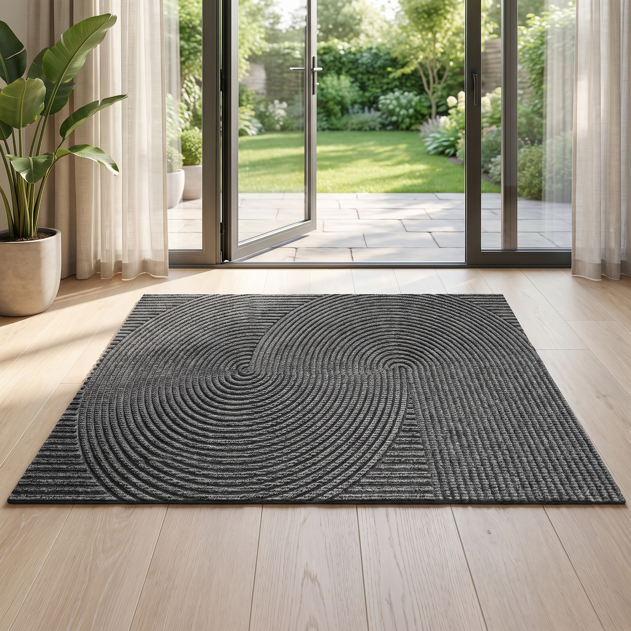 Dark gray 3D groove doormat by a sliding garden door