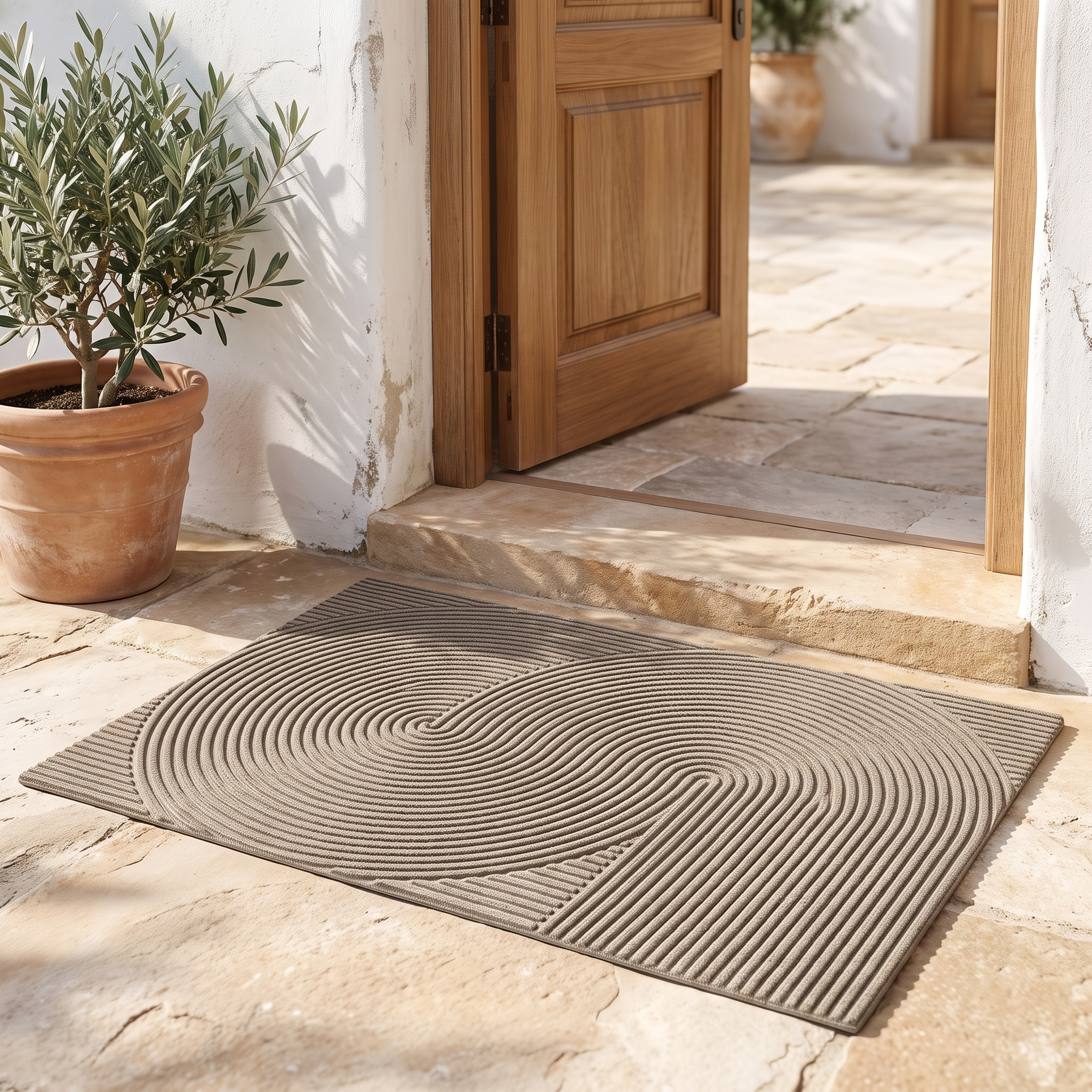Khaki 3D groove doormat at a Mediterranean front door