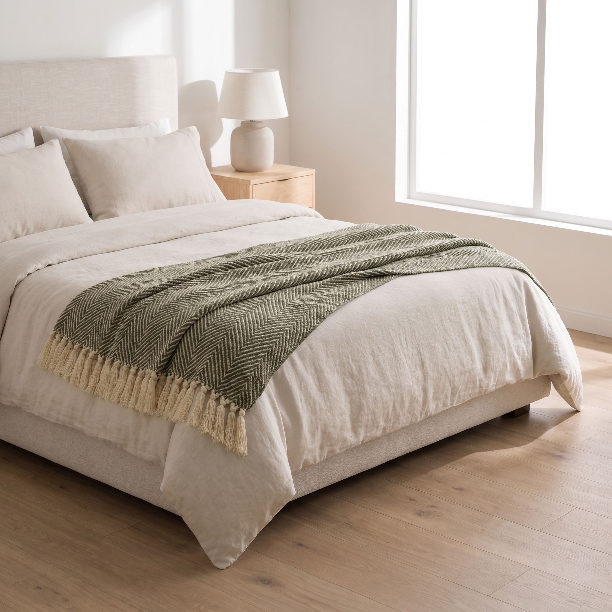 Moss green herringbone knit throw at the foot of a bright bed