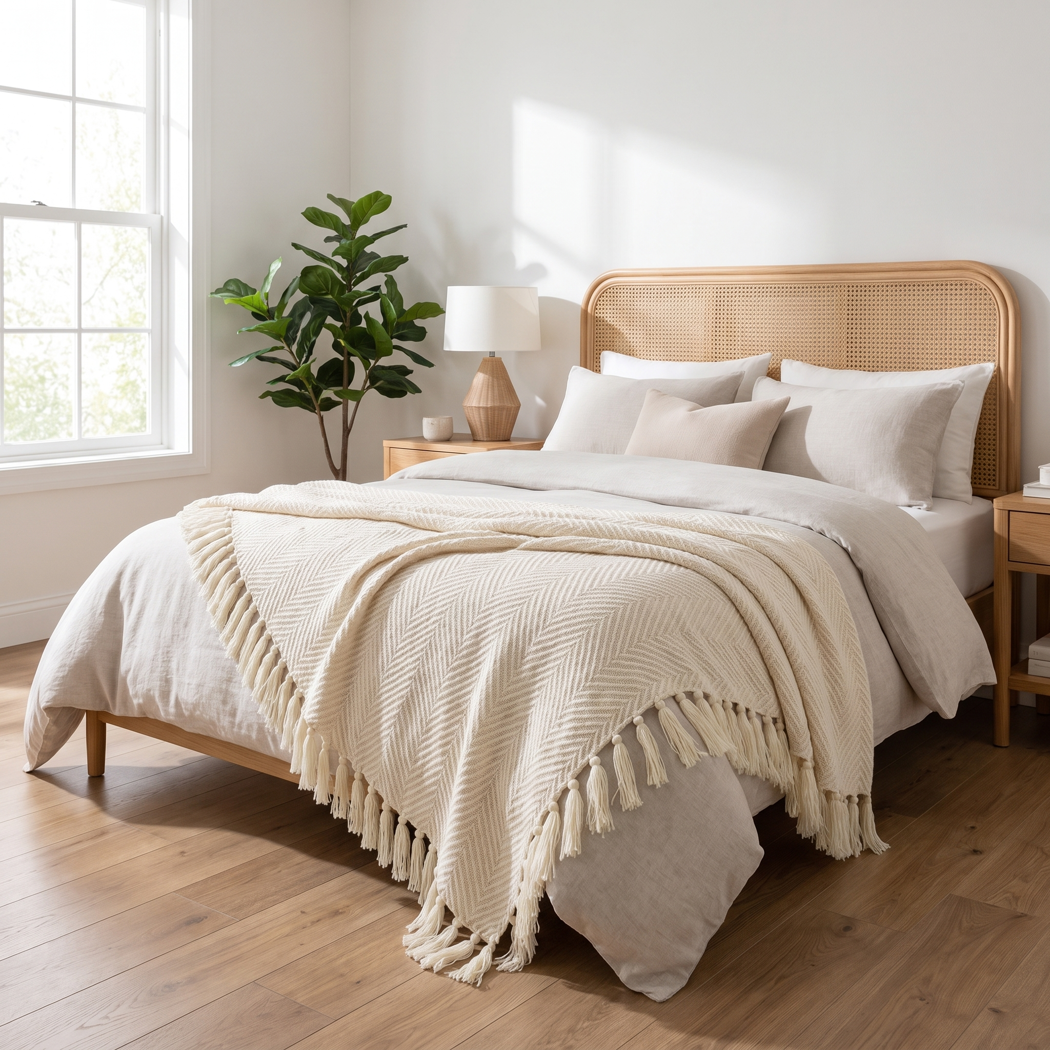 Linen white herringbone knit throw layered across a bright bed