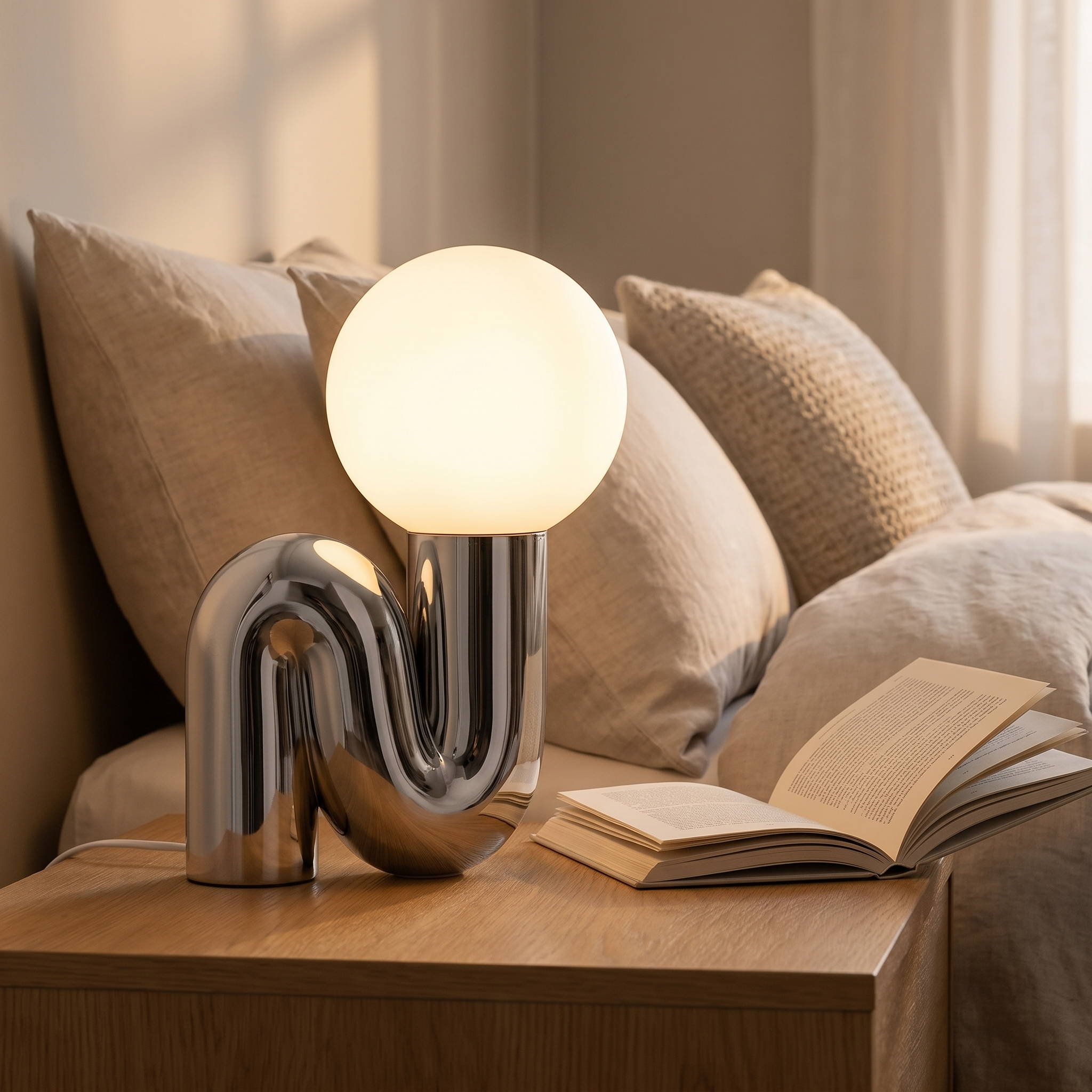 Ricciolo Lucente chrome table lamp glowing warm beside a bed in the evening