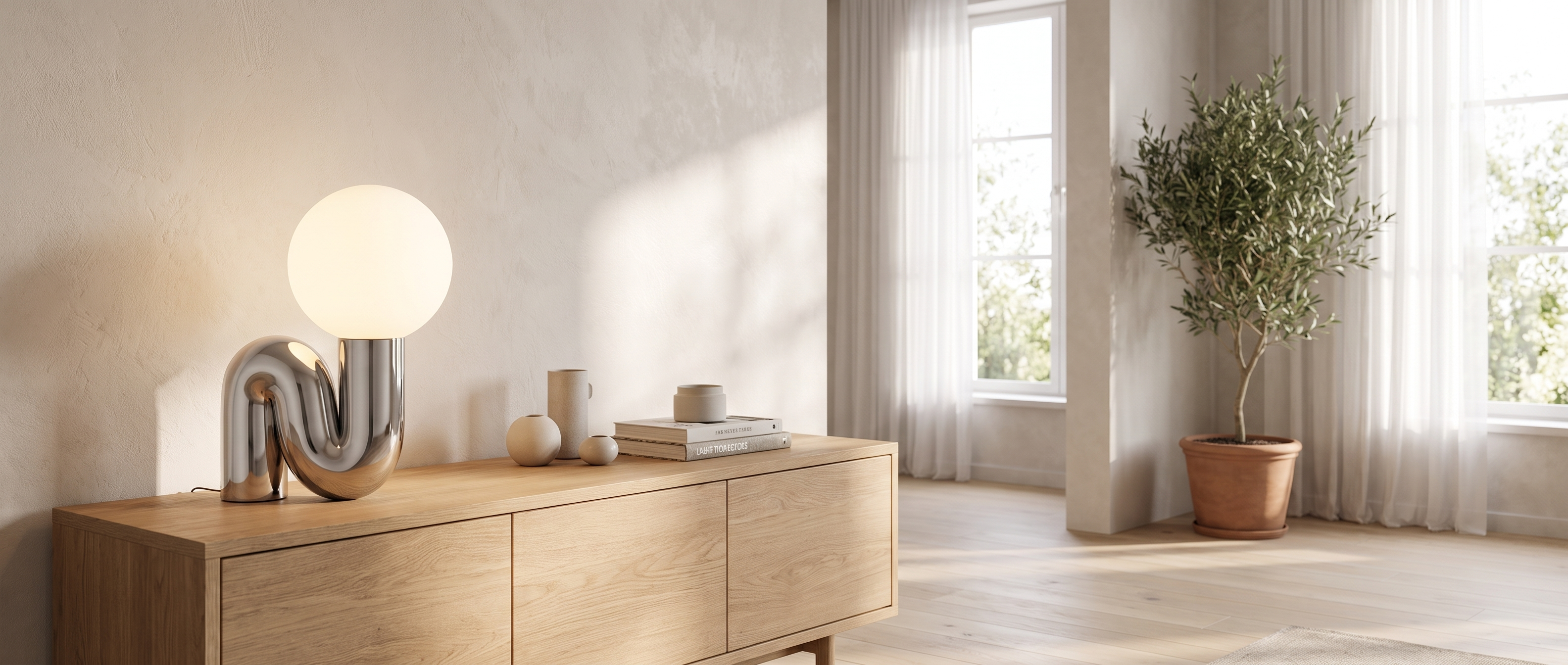 Ricciolo Lucente chrome sculptural table lamp glowing on a console in a bright airy living room