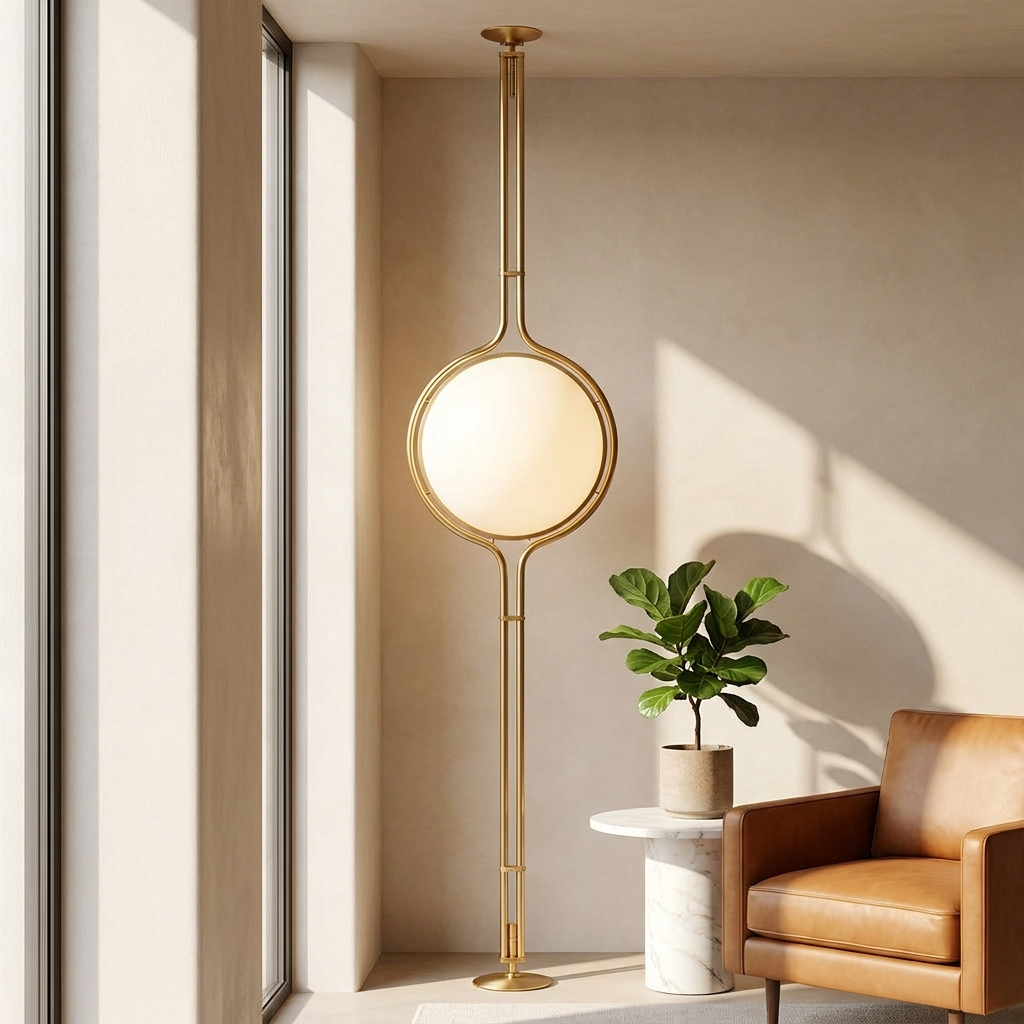 Brushed gold Sfera Sospesa floor-to-ceiling lamp beside a leather armchair