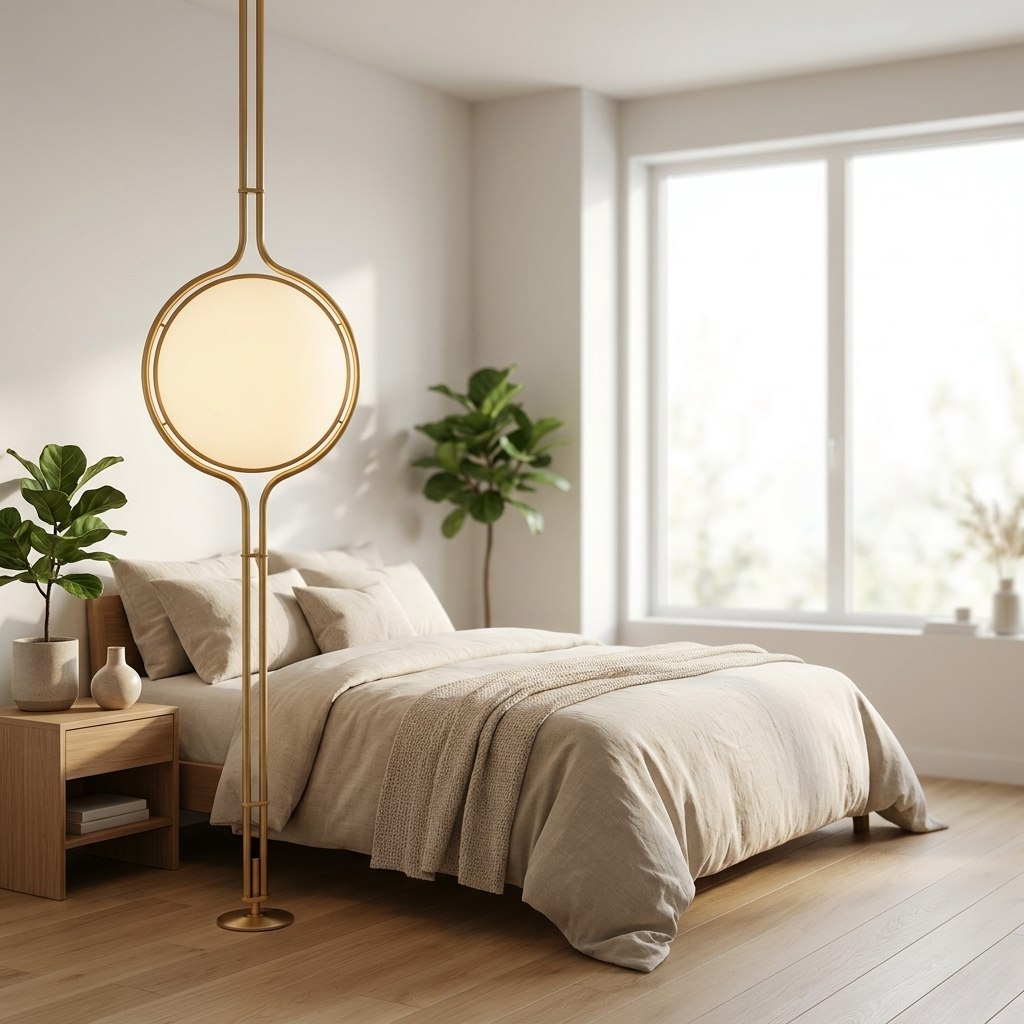 Brushed gold Sfera Sospesa floor-to-ceiling lamp in a bright bedroom
