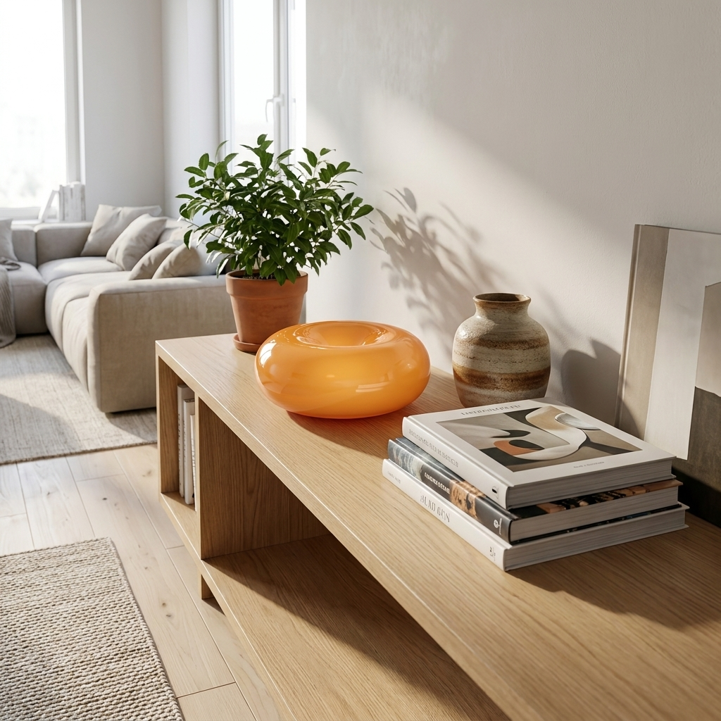 Sole Ambrato amber donut lamp on a styled oak console with books and a plant