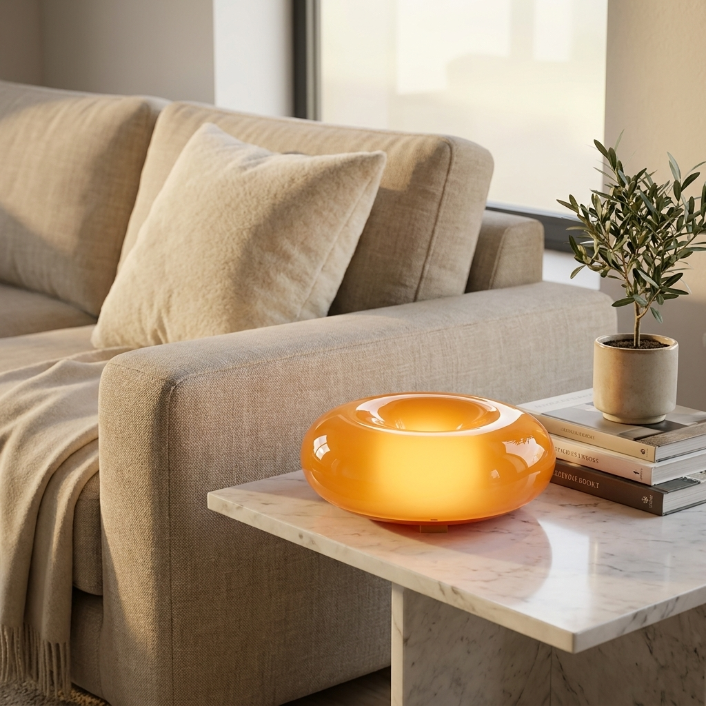 Sole Ambrato amber donut lamp glowing warm on a side table in the evening