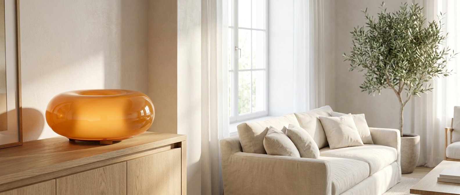 Sole Ambrato amber donut lamp glowing softly on a console in a bright airy living room