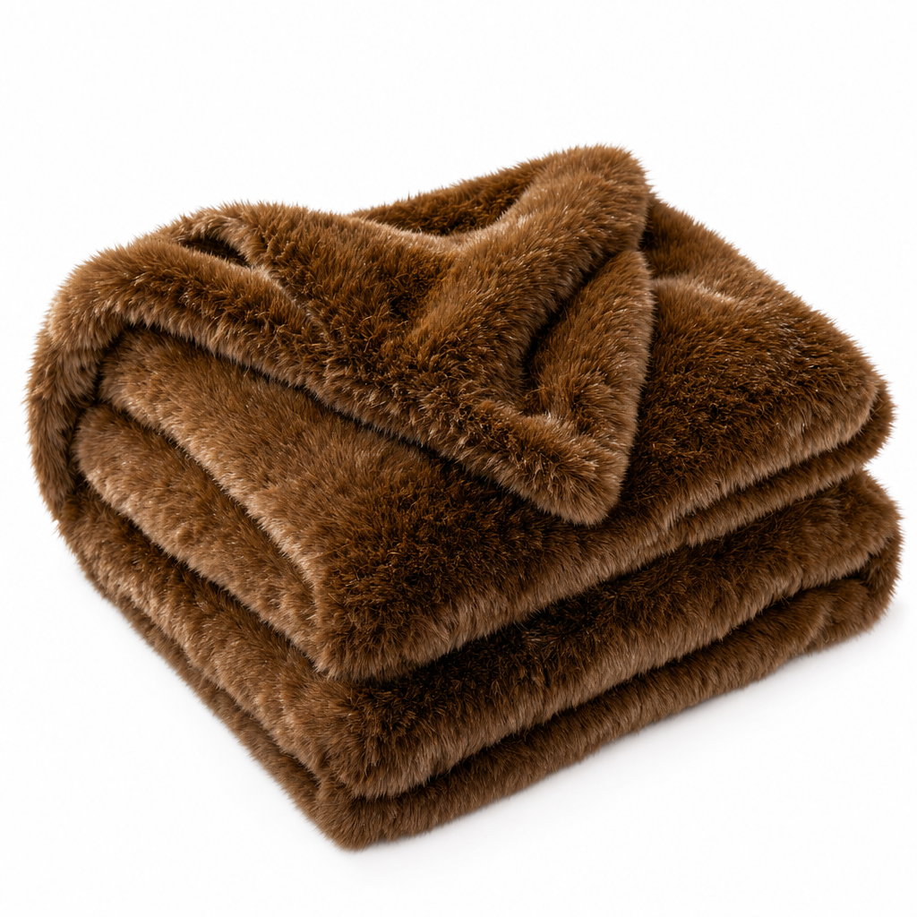Carezza Sontuosa faux fur throw blanket in warm coffee brown, folded on white
