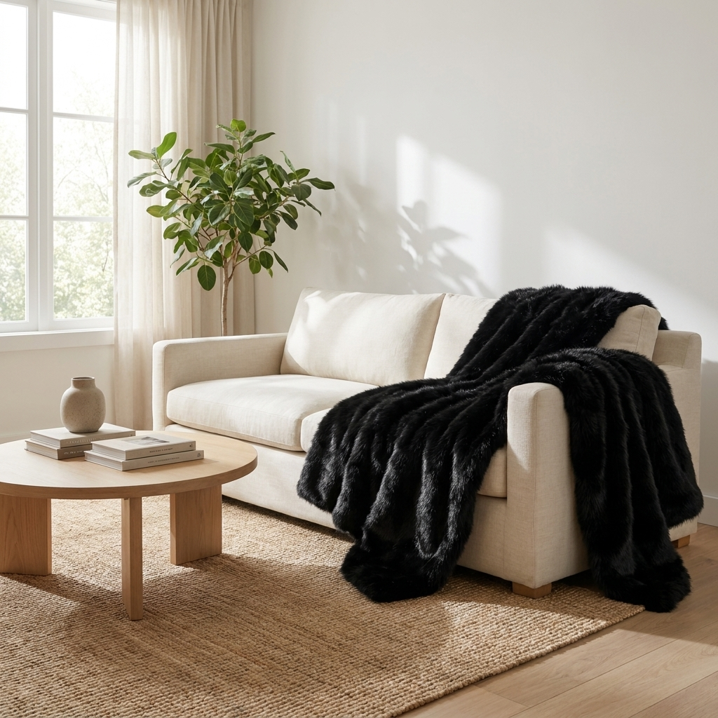Black Carezza Sontuosa faux fur throw draped over a cream sofa in a bright living room