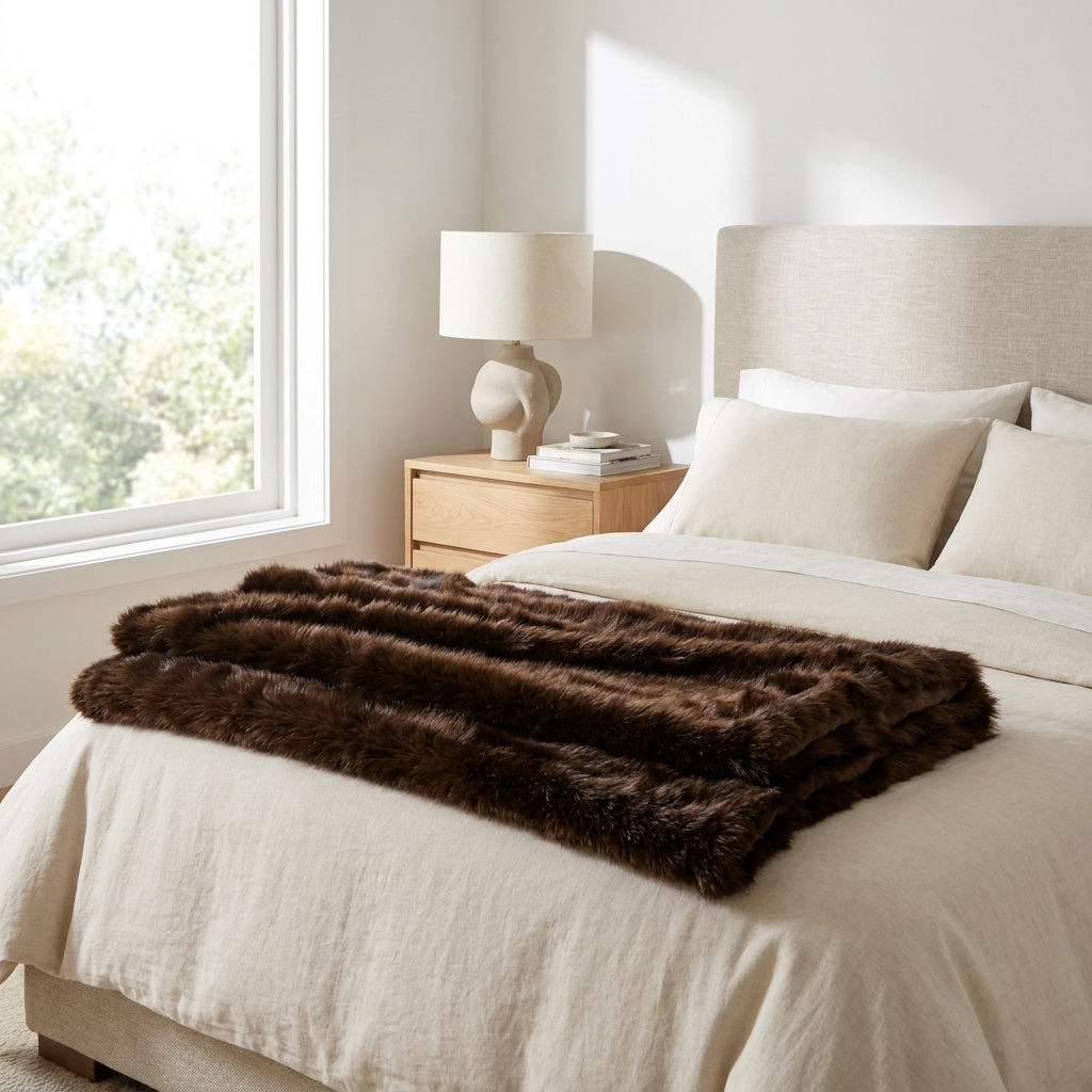 Chocolate Carezza Sontuosa faux fur throw folded across a bed in a bright bedroom