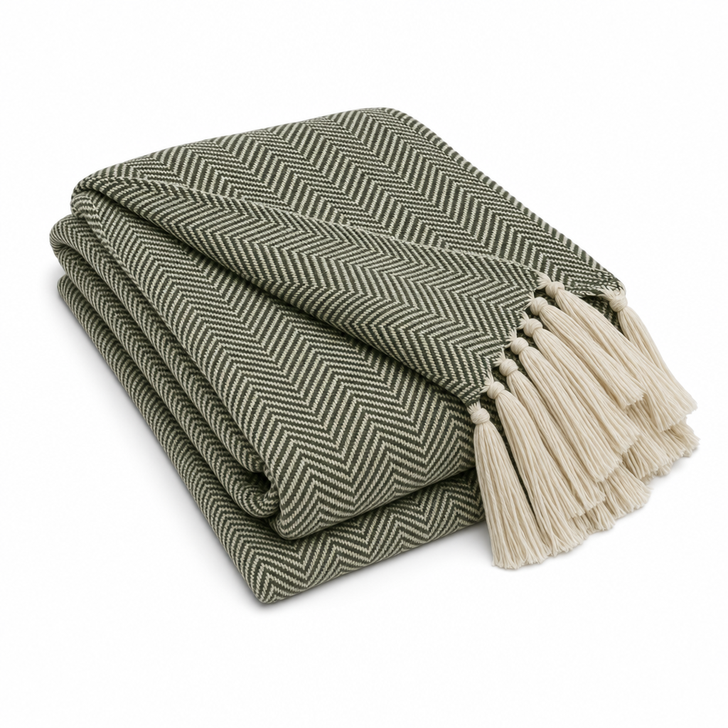 Brezza Marina woven throw blanket in sage green, folded on white