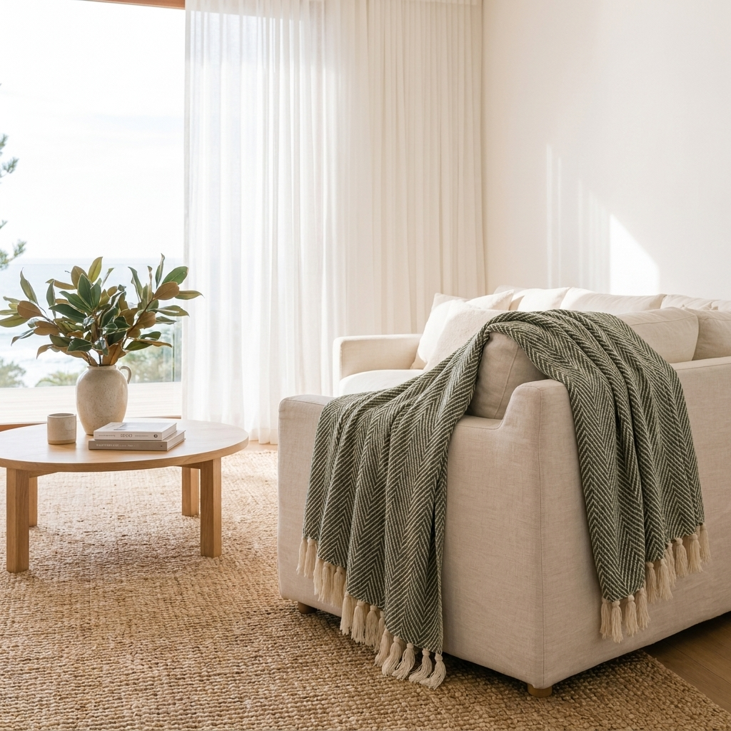Sage green Brezza Marina woven throw draped over a sofa in a bright living room
