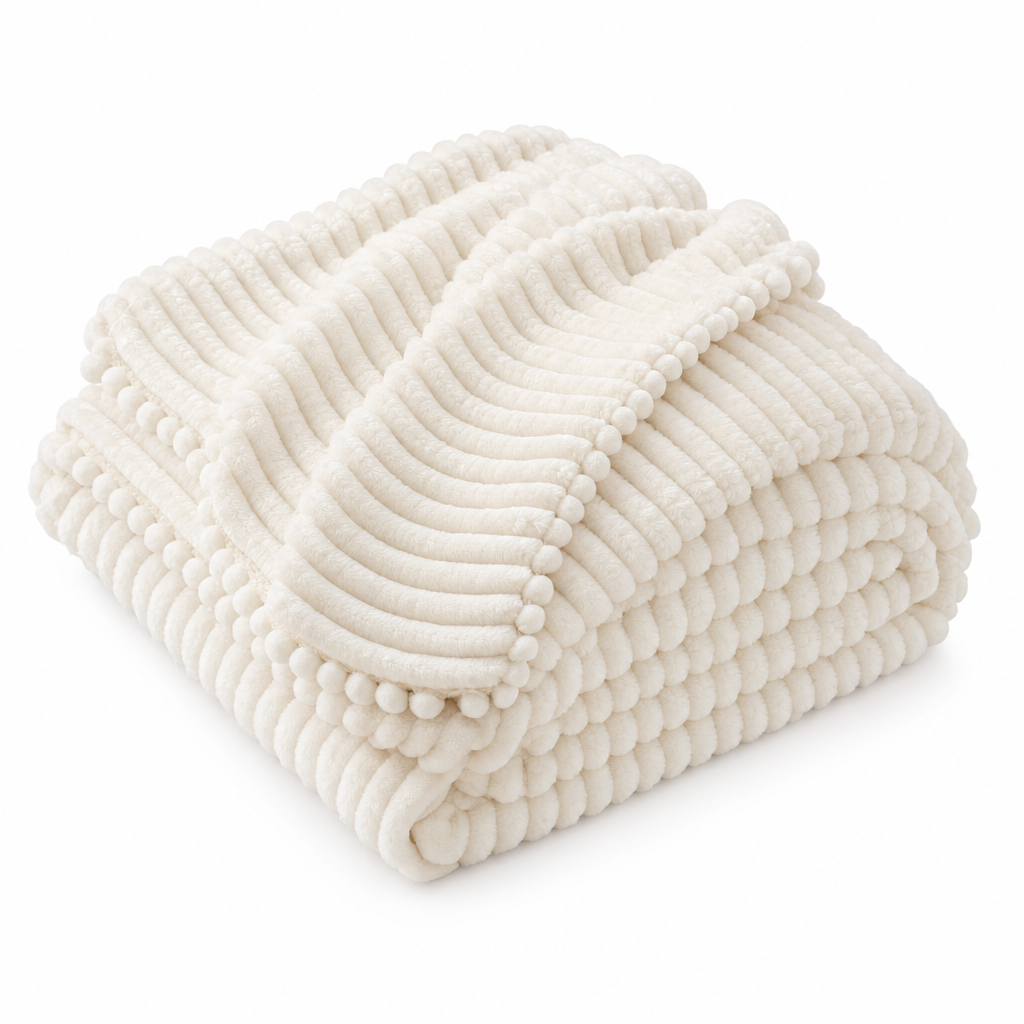 Piuma Reale reversible plush throw in ivory white, folded on white