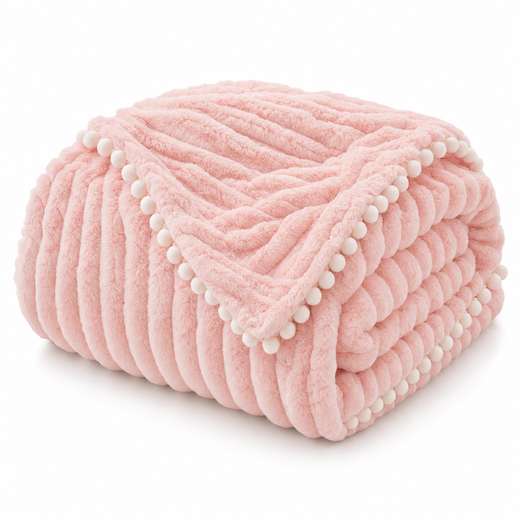 Piuma Reale reversible plush throw in blush pink, folded on white