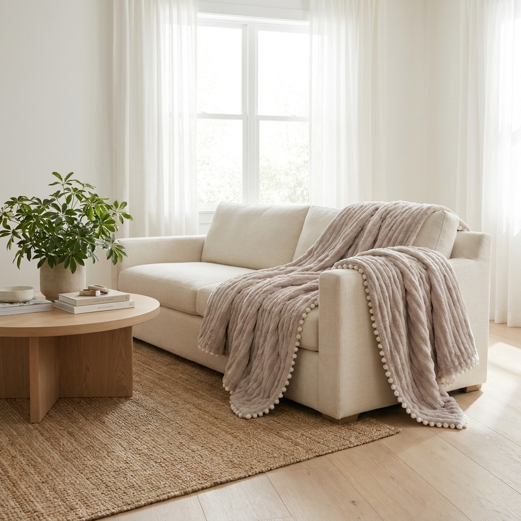 Light brown Piuma Reale plush throw draped over a cream sofa in a bright living room