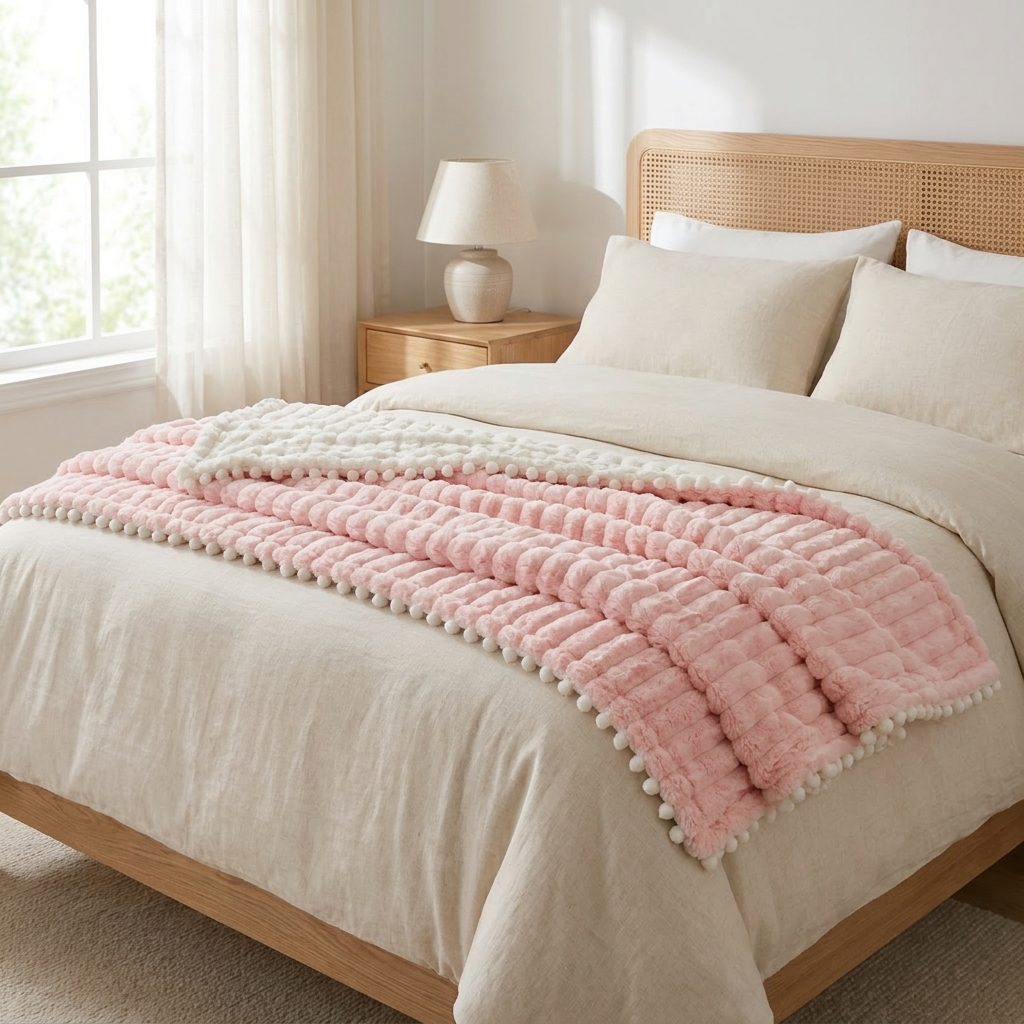Blush pink Piuma Reale plush throw folded across a bed in a bright bedroom