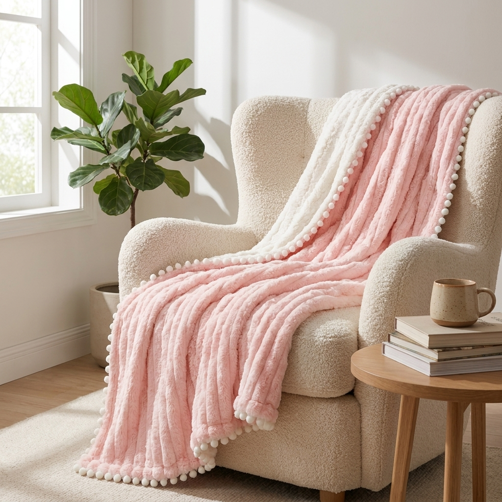 Blush pink Piuma Reale plush throw over a reading armchair in a bright nook