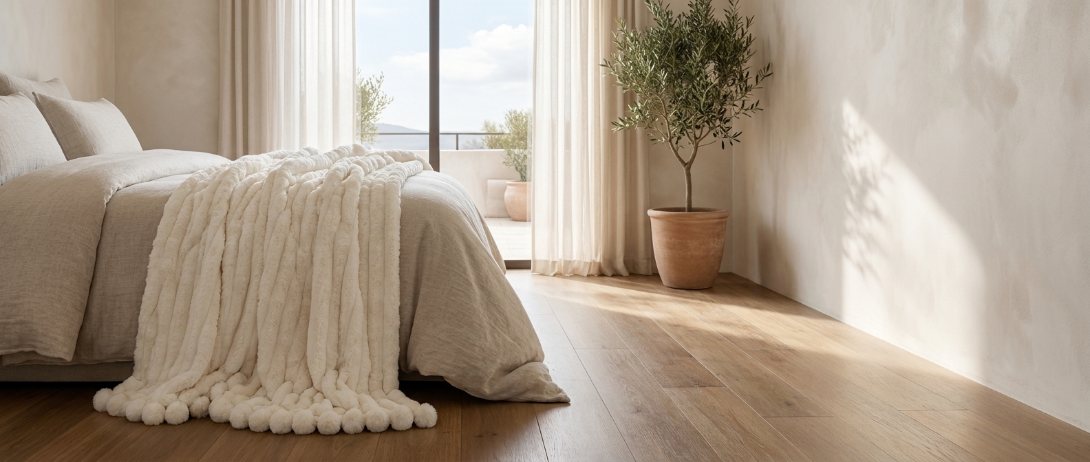Ivory white Piuma Reale plush throw draped across a bed in a bright airy bedroom