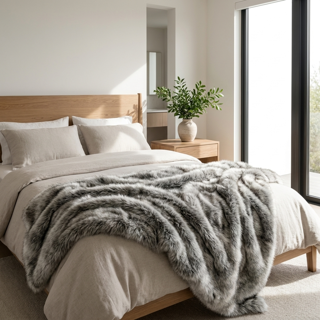 Grey faux fox fur throw draped across a bright modern bed