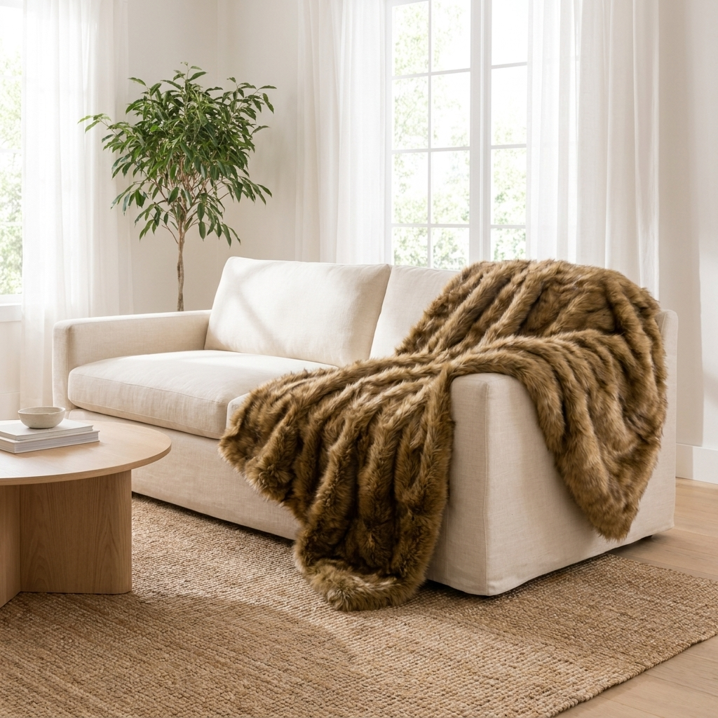Dark brown faux fox fur throw over a cream linen sofa