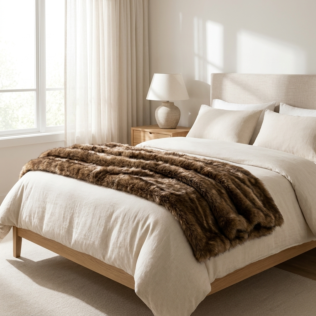 Dark brown faux fox fur throw layered across a serene bed