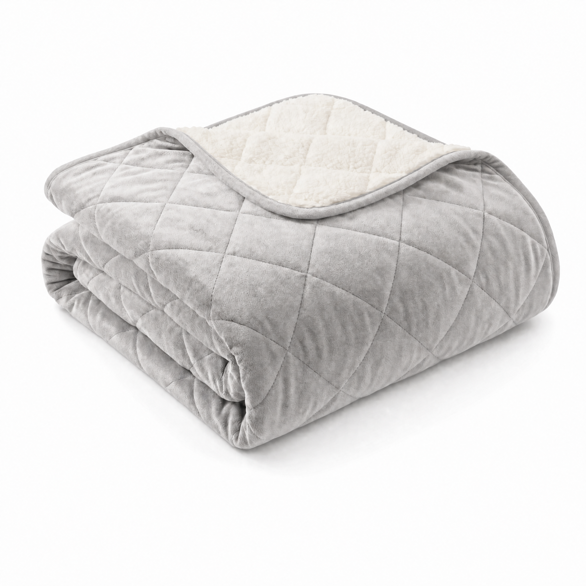 Quiete Notturna weighted sherpa blanket in Grigio Perla dove grey, reversible velvet and sherpa, studio