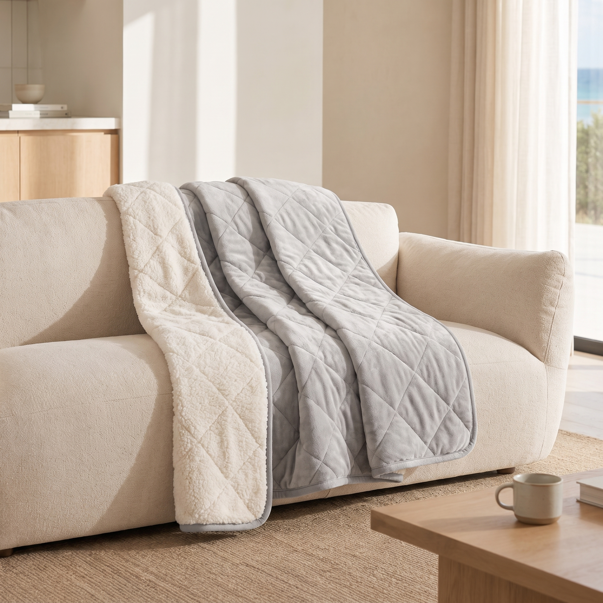 Grigio Perla dove grey weighted sherpa blanket draped over a cream sofa in a living room