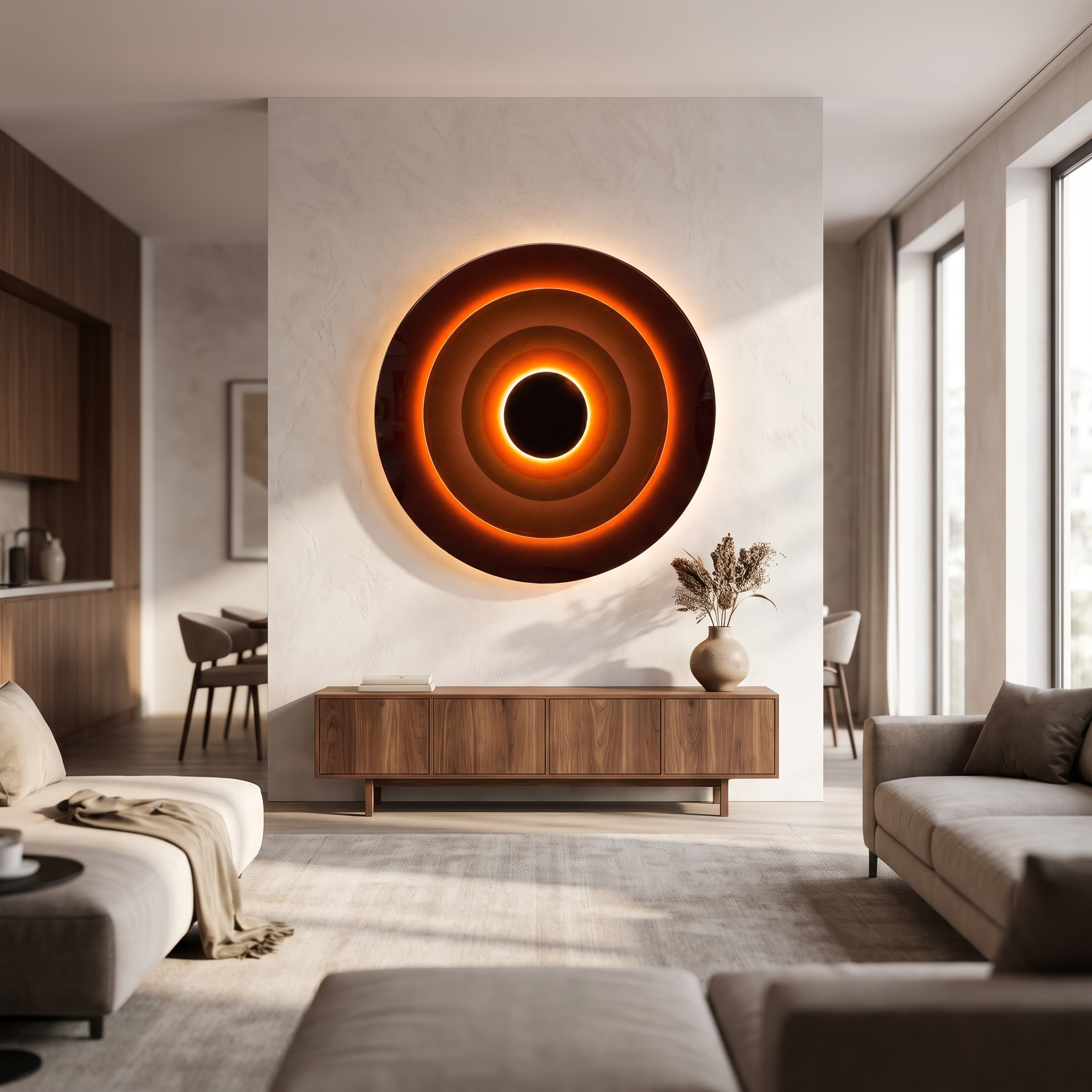 Tramonto Dorato illuminated ring wall light glowing warm amber above a credenza in a bright living room