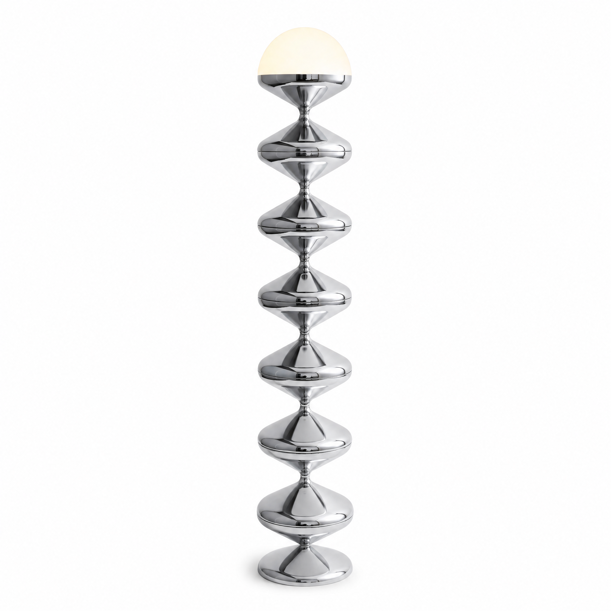 Onda Verticale sculptural floor lamp in Chrome Silver, stacked faceted discs and frosted dome, studio