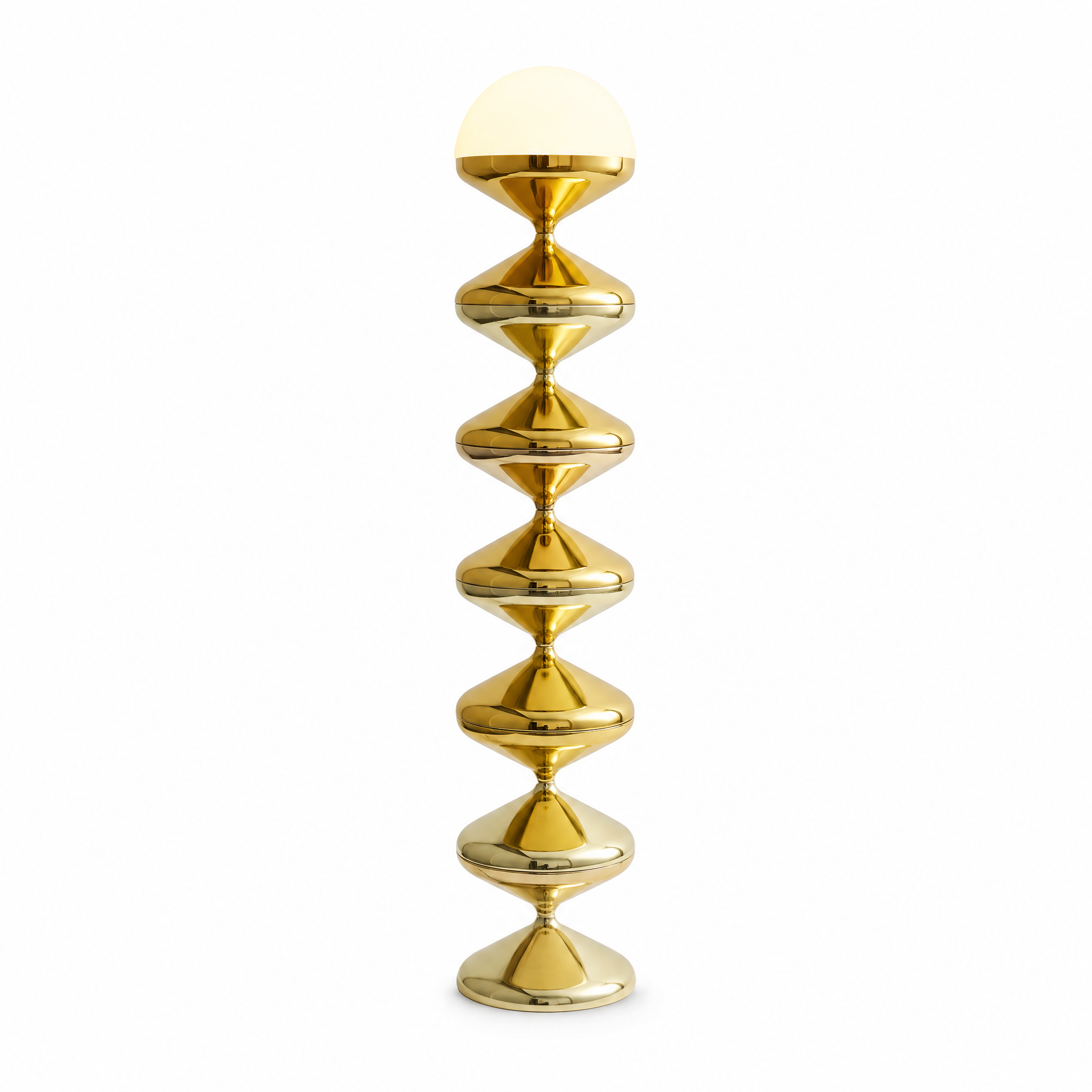 Onda Verticale sculptural floor lamp in Gold, stacked faceted discs and frosted dome, studio