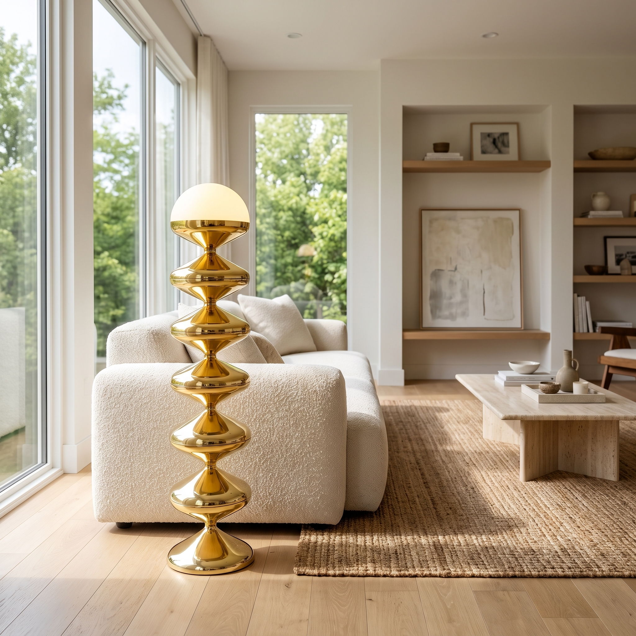Onda Verticale gold sculptural floor lamp glowing warm beside a sofa in a bright living room