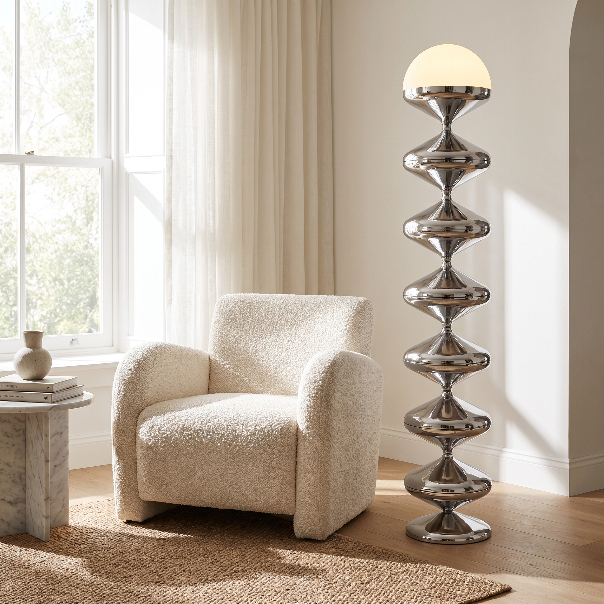 Chrome silver sculptural floor lamp beside a reading armchair in a bright living room