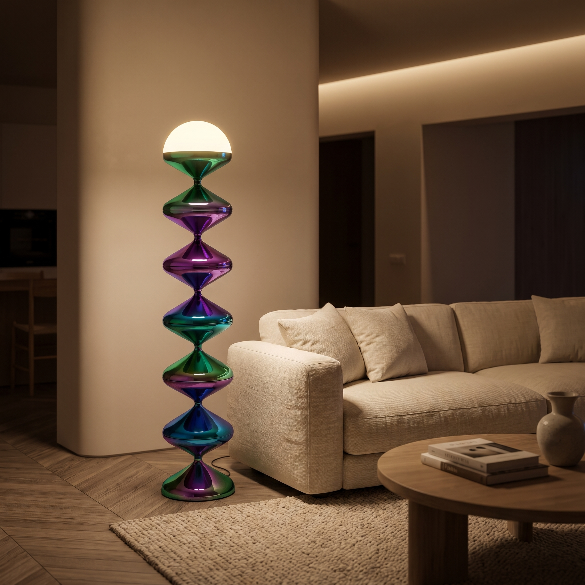 Aurora Prism iridescent sculptural floor lamp glowing warm in a softly-lit evening living room