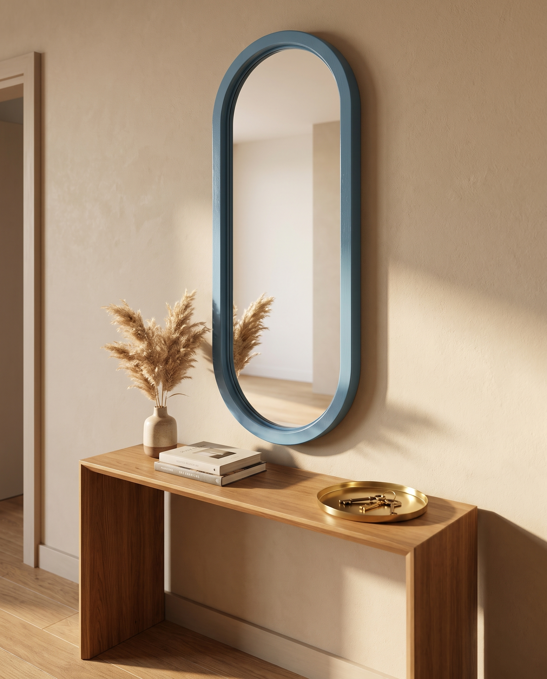 Ovale Azzurro dusty-blue capsule wall mirror above an entryway console