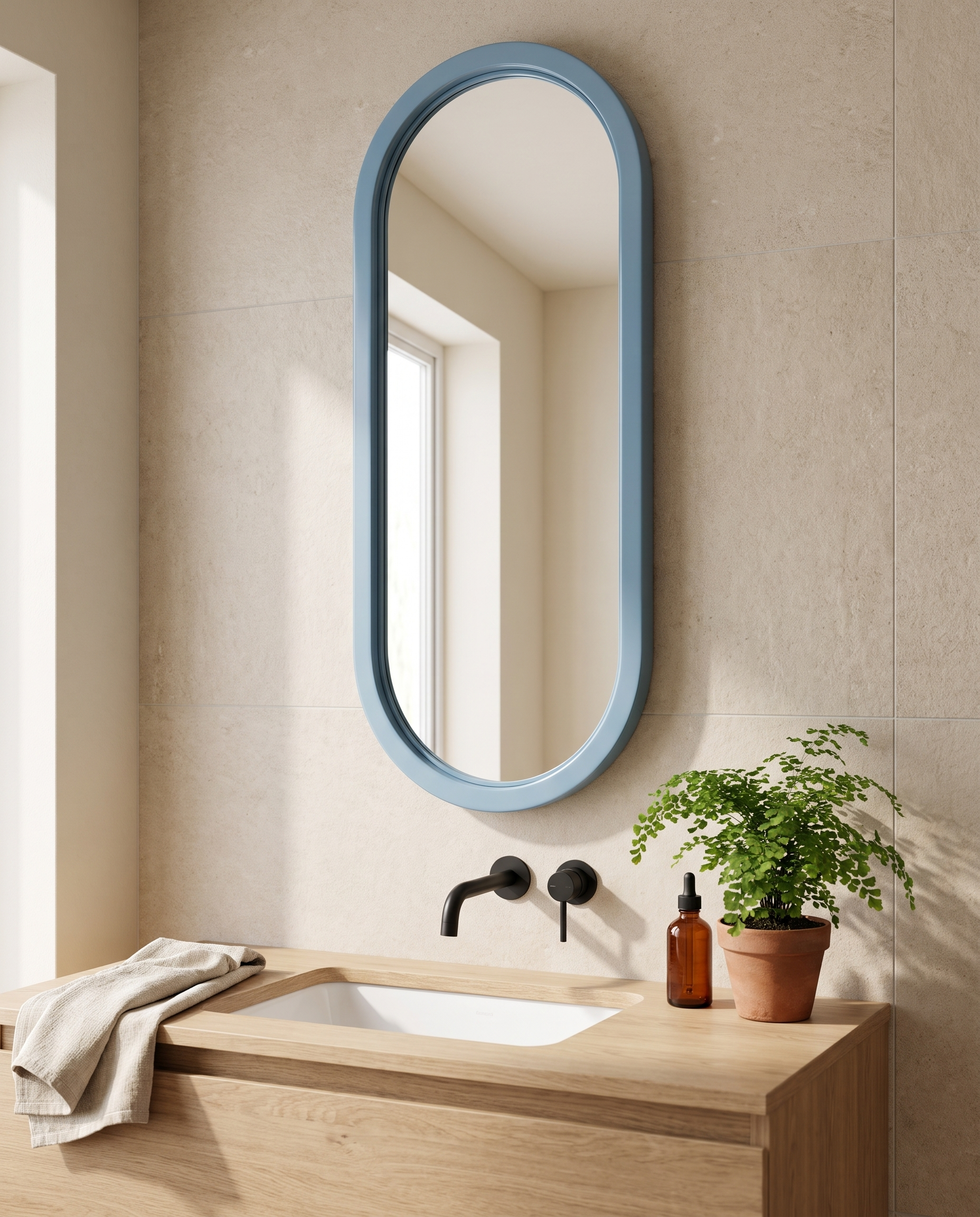 Dusty-blue capsule wall mirror above a spa-like bathroom vanity