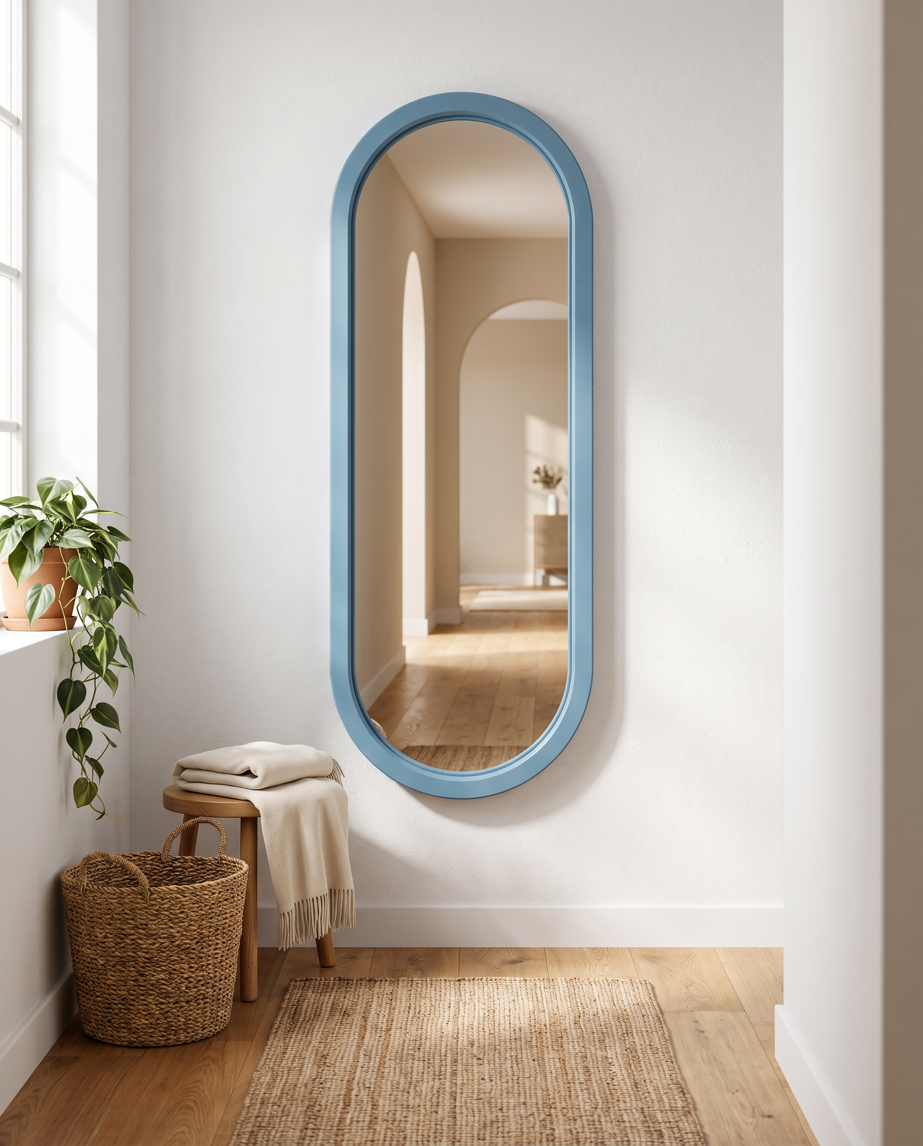 Ovale Azzurro capsule wall mirror in a bright hallway