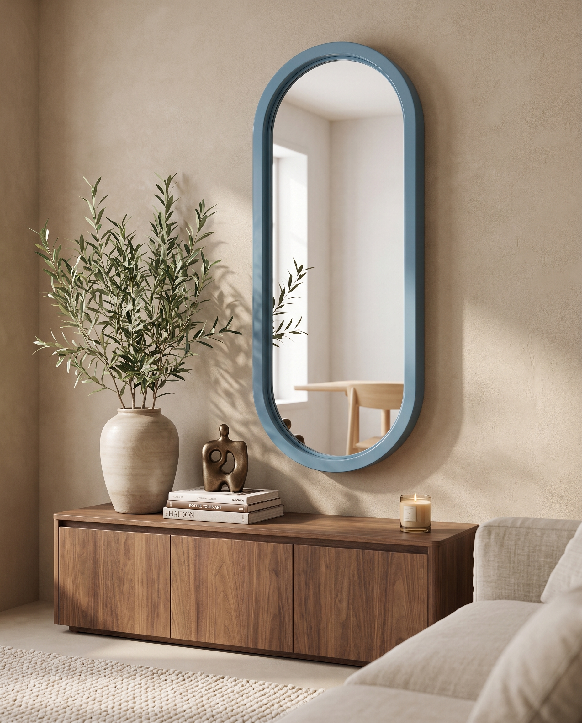 Oval capsule wall mirror above a living room credenza